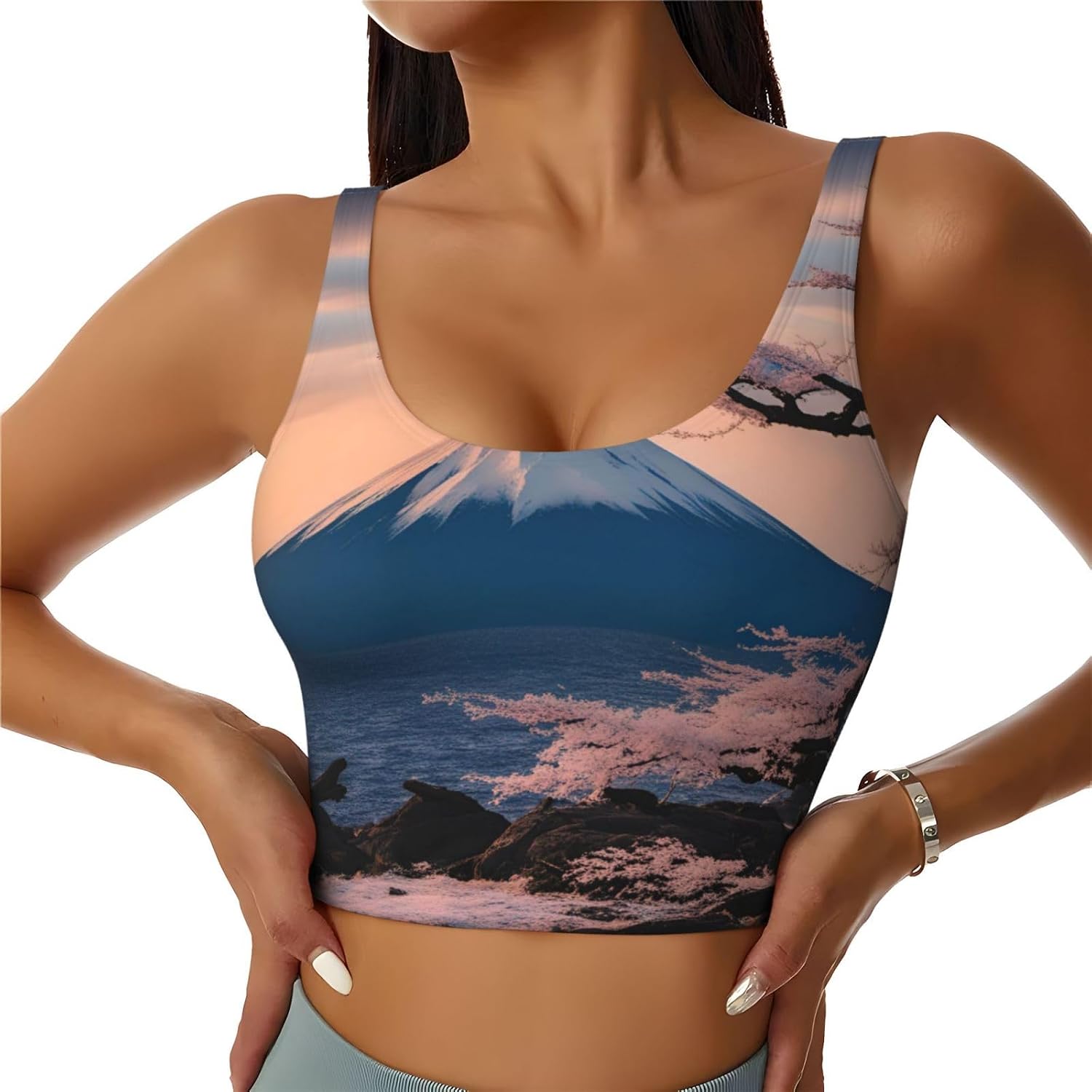 Japan Mount Fuji Landscape Print High Impact Sports Bras,Longline Sports Bra,Perfect for Yoga,Running and Gym Workouts