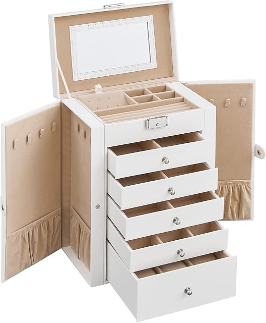 SONGMICS Jewellery Box 6 Tiers, Jewellery Case with 5 Drawers, Large Storage Capacity, with Mirror, Lockable, Jewellery Storage Organiser, Gift for Loved Ones, for Watches, White JBC152W01