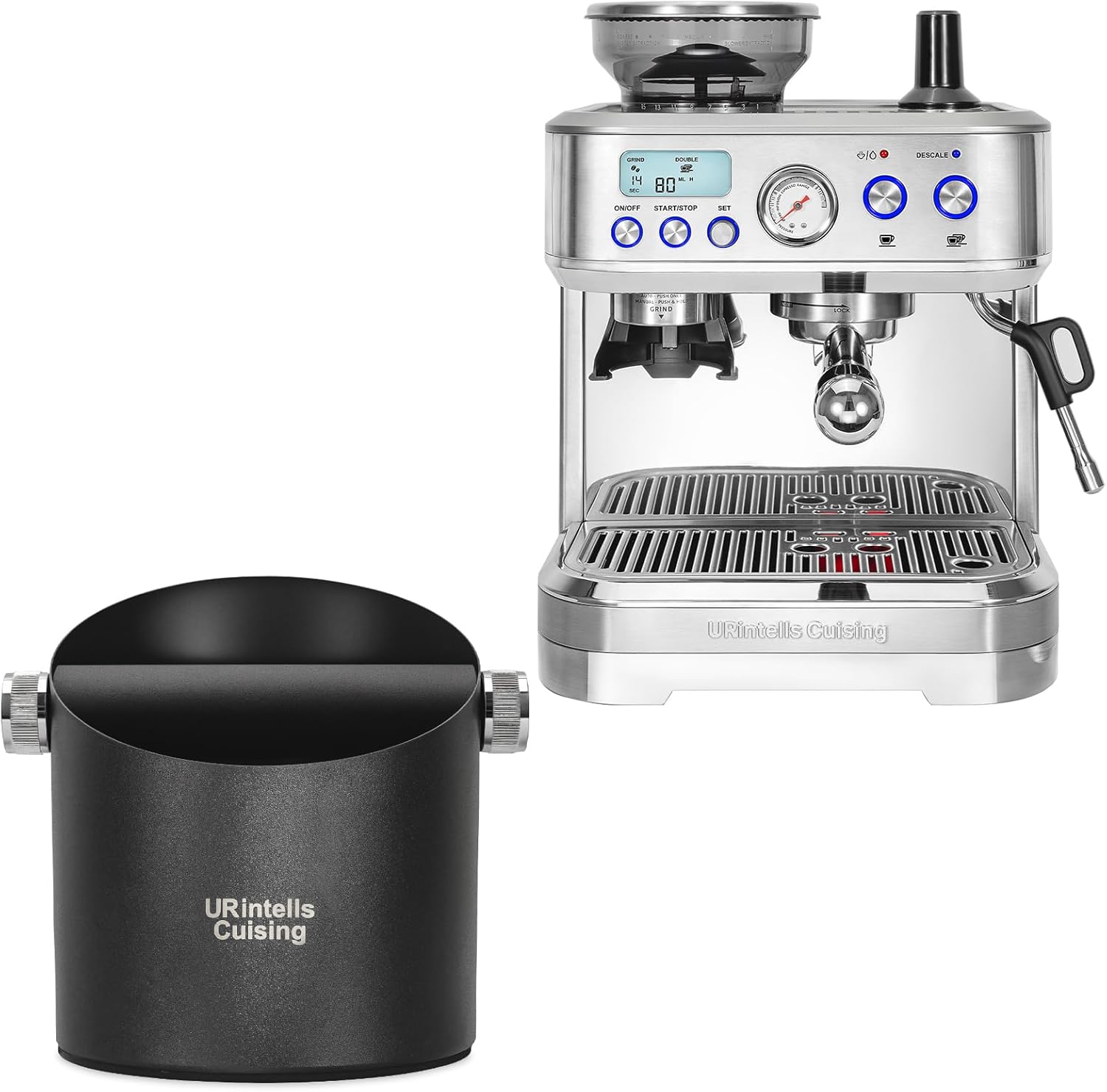 Espresso Machine with Grinder, Espresso Maker with 58MM Portafilter & Milk Frother & 6.3 Inch Stainless Steel Knock Box Espresso Large Capacity with Non-Slip Base Espresso Machine Accessories