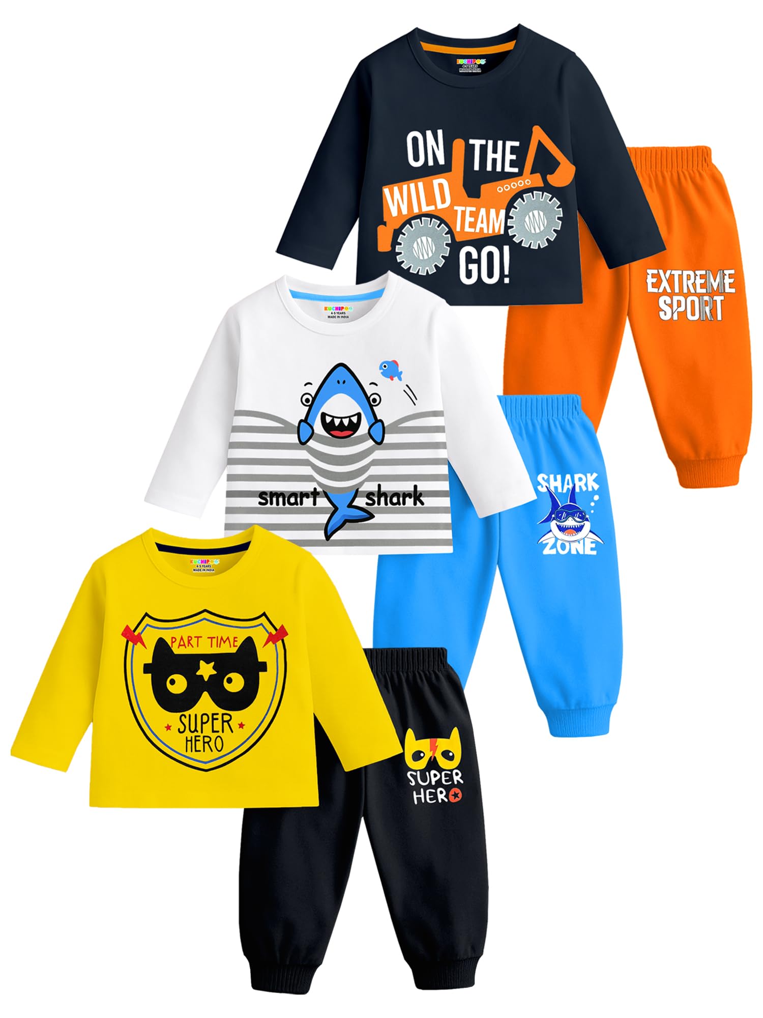 Kuchipoo Boys Regular Fit Cotton T-Shirts and Pyjamas Clothing Set-Pack of 3