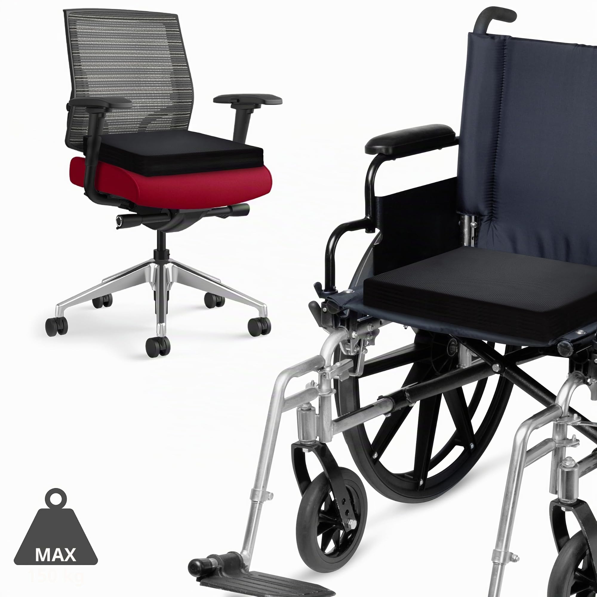 AIESI® Coussin Anti-escarres pour fauteuils roulants et sièges (cm 44x44x8h) en mousse de polyuréthane avec coussinet interne en gel viscoélastique et sangle de fixation, Certifié CE, Garantie 24 mois