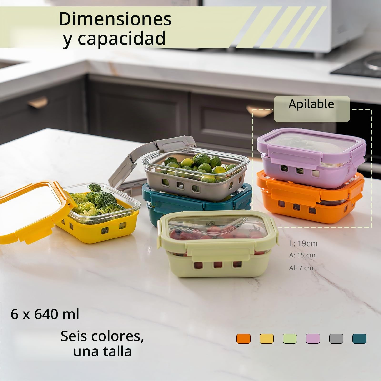 QuaLife Juego de fiambreras coloridas con tapas de vidrio templado, juego de recipientes de vidrio (6 x 640 ml), a prueba de fugas, apilable, apto para microondas y lavavajillas, sin BPA, perfecto