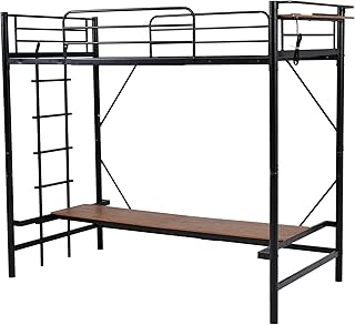 OSJ システムベット宮棚 ロフトベッド シングル 移動可能デスク付き 北欧風 大人用 スチール 耐震【ブラック】