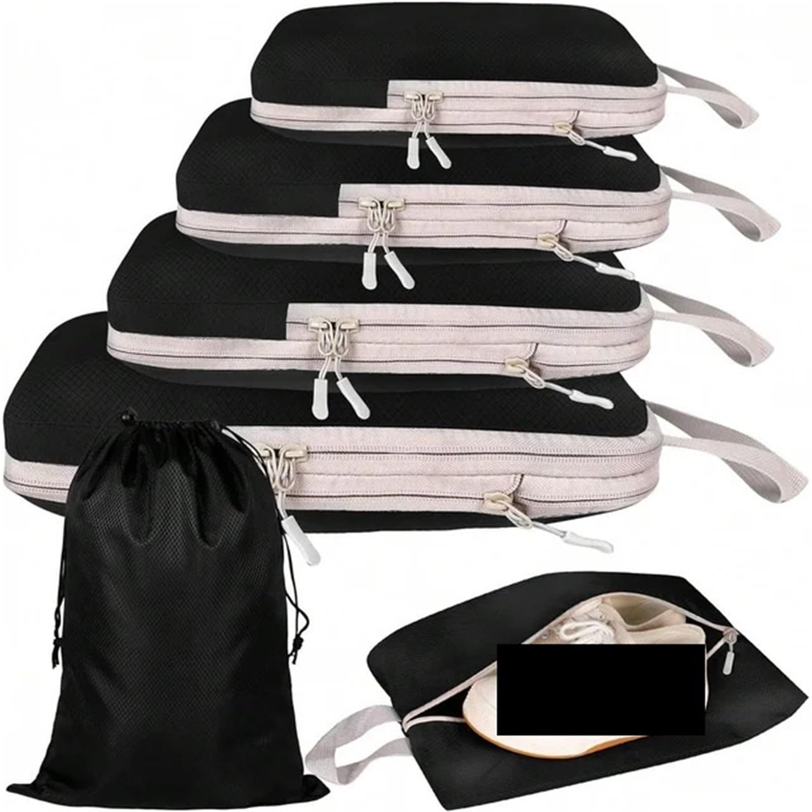 BHOUTY 6 Pcs Compressible Packing Travel Storage Bag Cubes Waterproof Suitcase Nylon Portable With Handbag Luggage Organizer(6Pcs black)