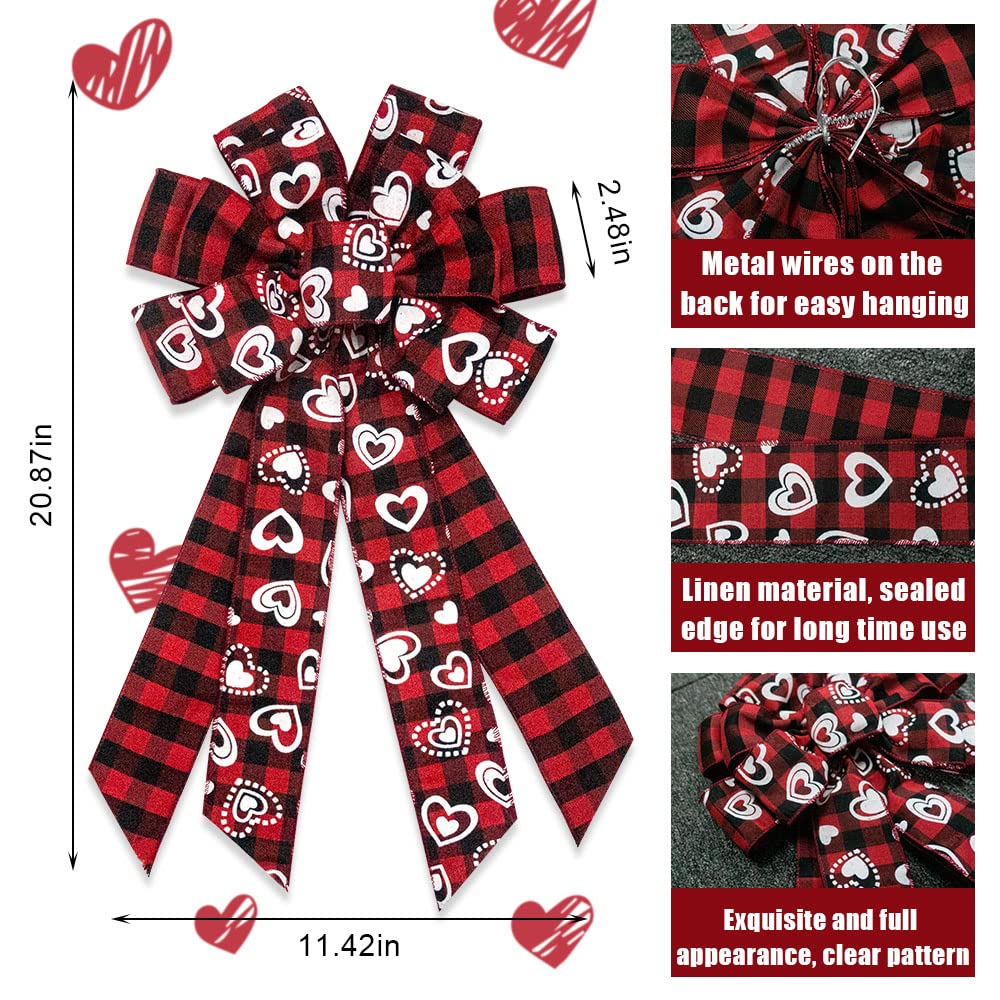 Estivaux Large Valentine's Day Bows for Wreath, Black Red Buffalo Plaid Bow Love Heart Bow Red Burlap Tree Topper Bows for Front Door Wall Valentines Wedding Decorations Supplies