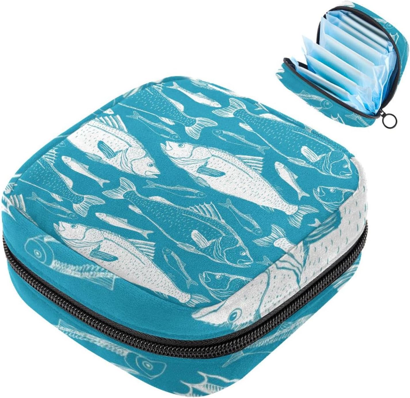 Sanitary Napkin Storage Bag Menstrual Cup Pouch Girls Travel Large Capacit Makeup Sanitary Pads Organizer, Fish Blue Background