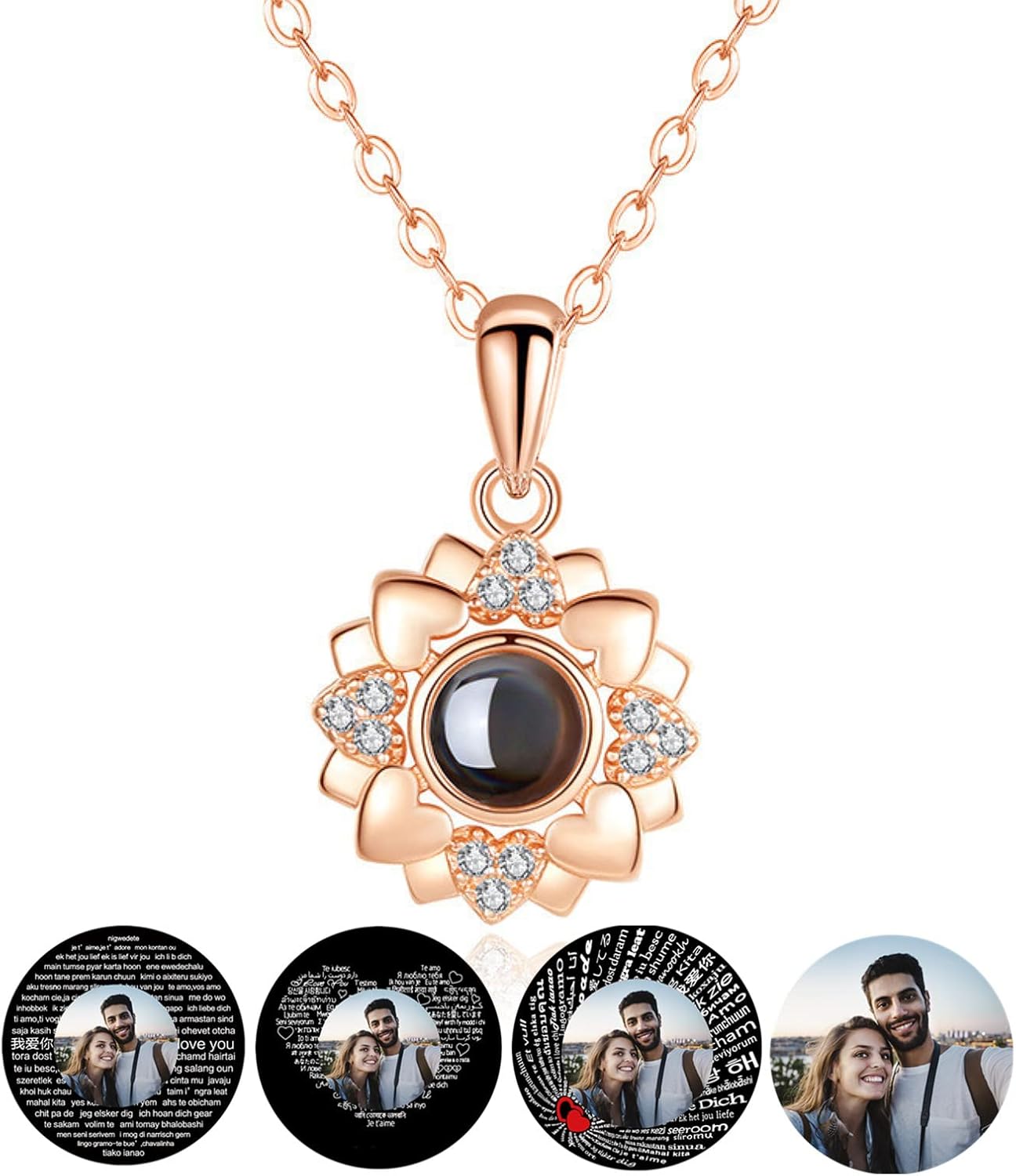 linl Personalized Photo I Love You Necklace 925 Silver Rose Gold 100 Languages Projection Pendant Collarbone Necklace Best Gift for Her