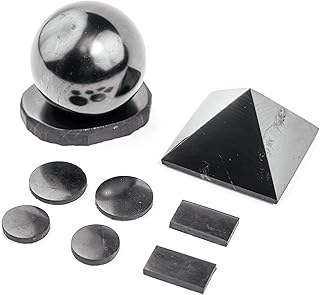 Shungite Kit (9pcs) - Pyramid 2" & Sphere Ball 2" with Stand & Shungite Phone Sticker Plate (6pcs) | Authentic Stone Crystal for EMF Protection
