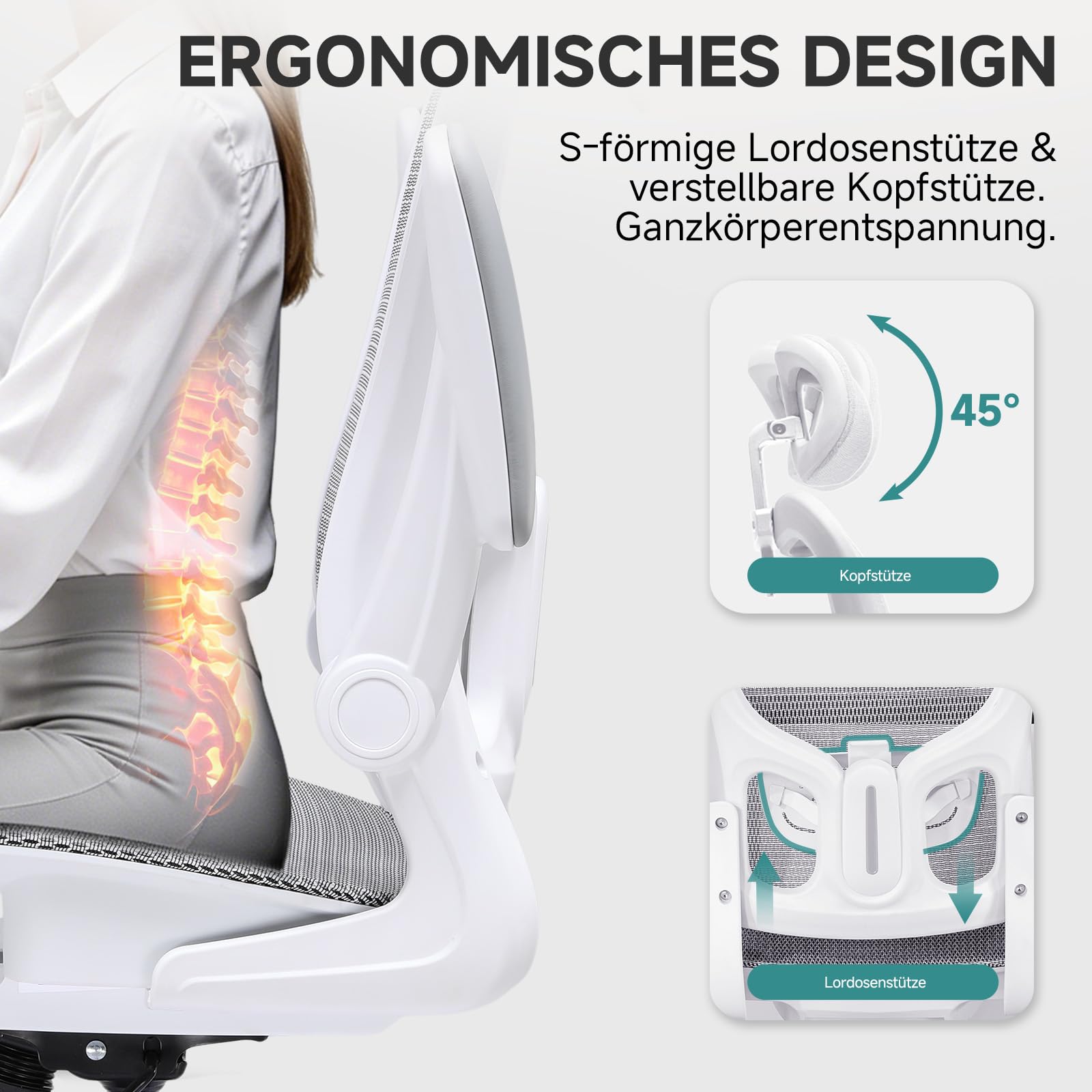 COMHOMA Bürostuhl, Schreibtischstuhl, ergonomischer Netzstuhl, mit doppellagigem Netzgewebe, atmungsaktiv, Adaptive Lendenstütze, verstellbare Kopfstütze, für Homeoffice, Drehstuhl 150 kg, Weiß