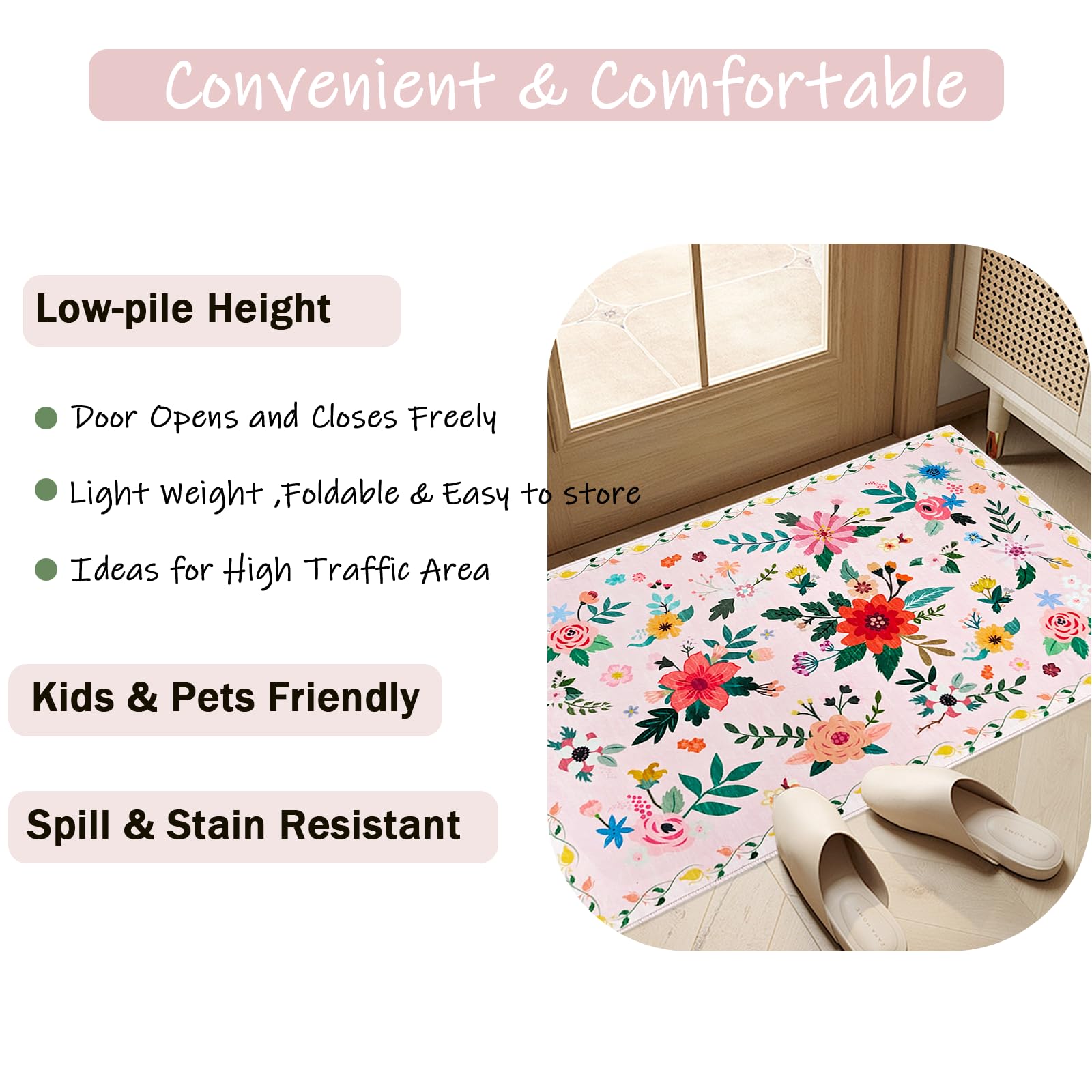 USTIDE 4x6ft Floral Pink Rug Non-Slip Washable Faux Wool Carpet for Girls Bedroom Nursery, Playroom Soft Kids Room Rug - Image 4