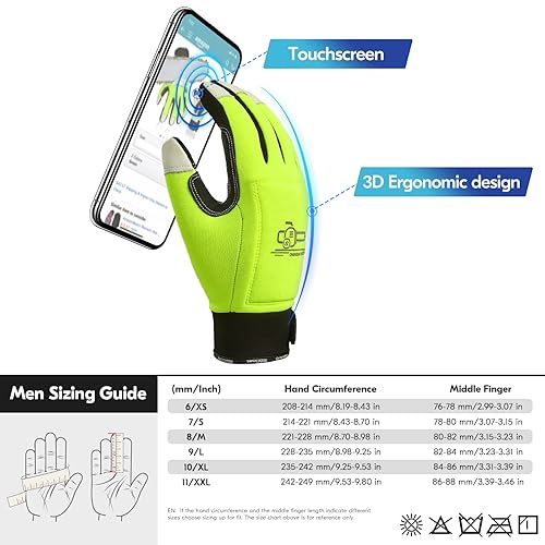 Miniatura 6 de Vgo... Motosierra de 12 capas de protección de sierra en ambas manos guantes de cuero de vaca (1 par, talla L, verde de alta visibilidad, CA9760)