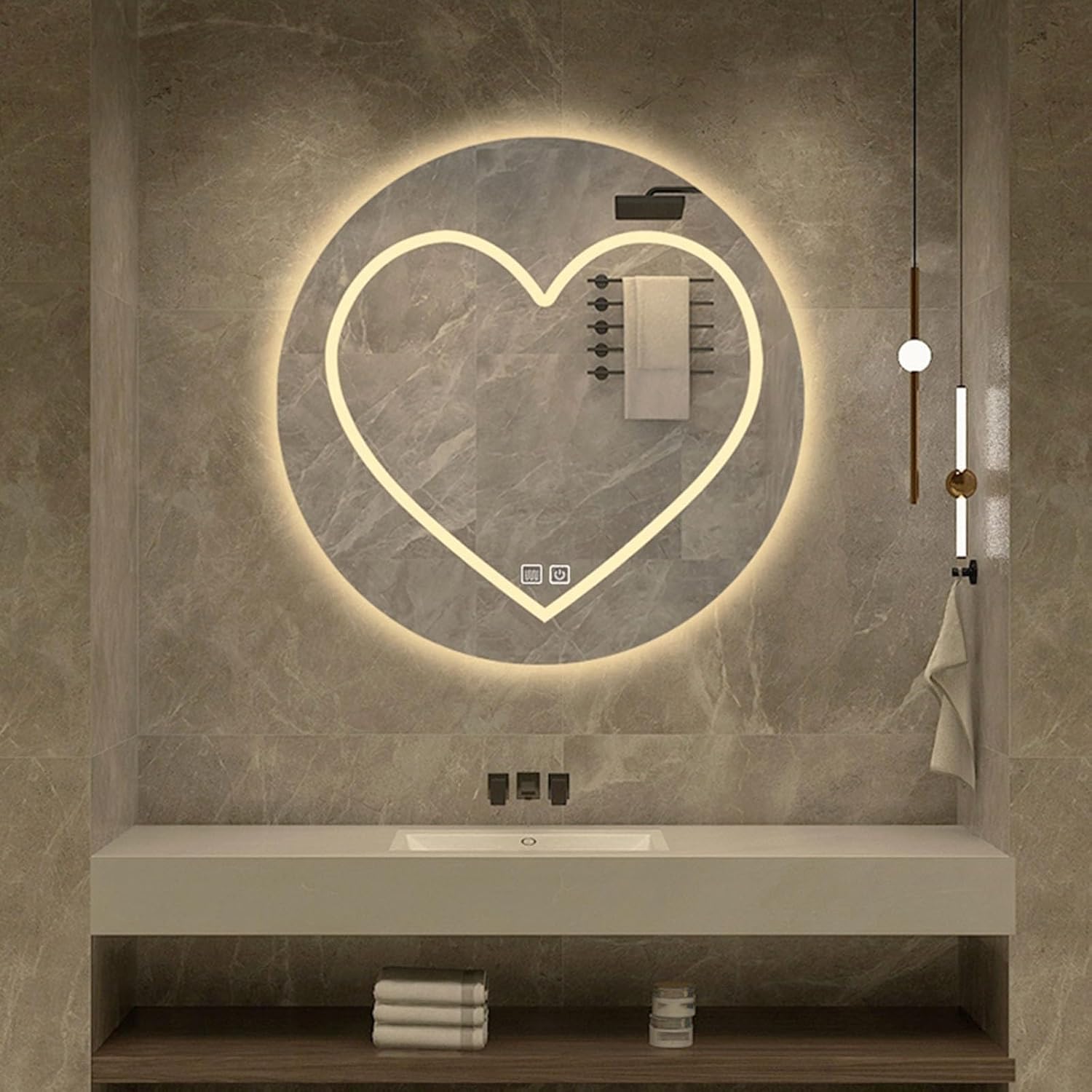 50CMラウンドLEDバスルームミラー、タッチセンサー付き曇り止めミラー、ライト照明付き壁掛け洗面台ミラー、3色調光可能ライト