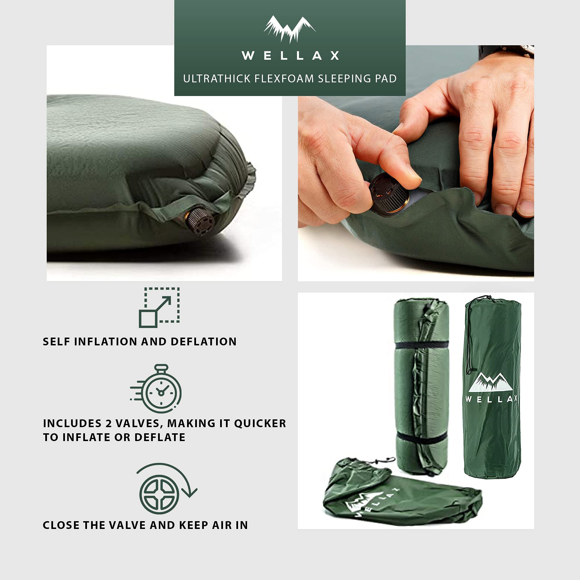 WELLAX UltraThick FlexFoam Sleeping Pad - Self-Inflating 3 Inches