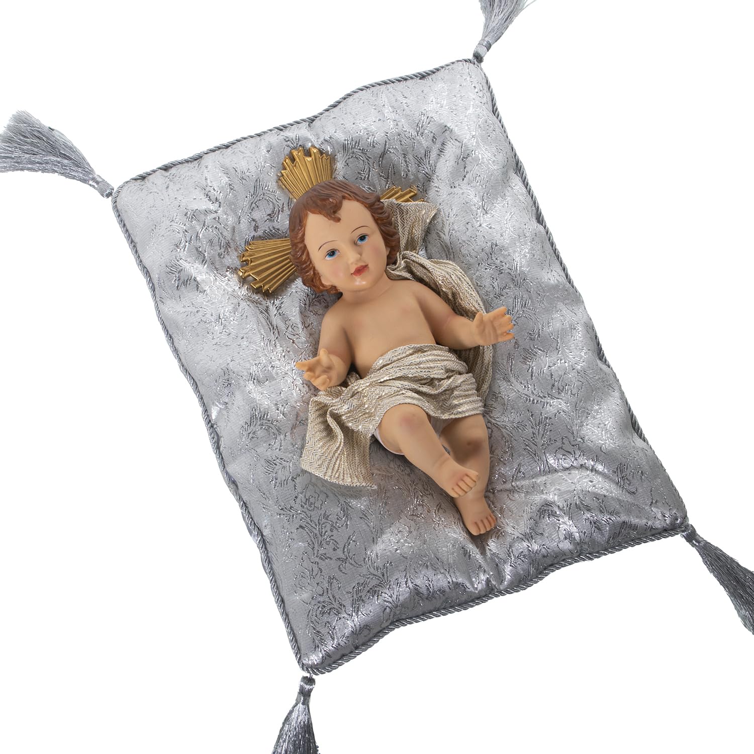 Statue Enfant Jésus 28cm avec son coussin gris et argenté de haute qualité