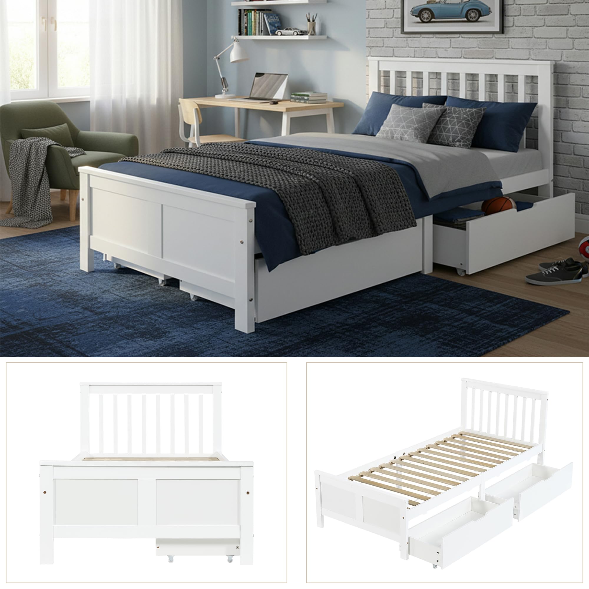 Soweiz Cama individual juvenil de madera, cama para adultos, con cajones para almacenamiento, marco de madera de pino, blanco (90 x 200 cm)