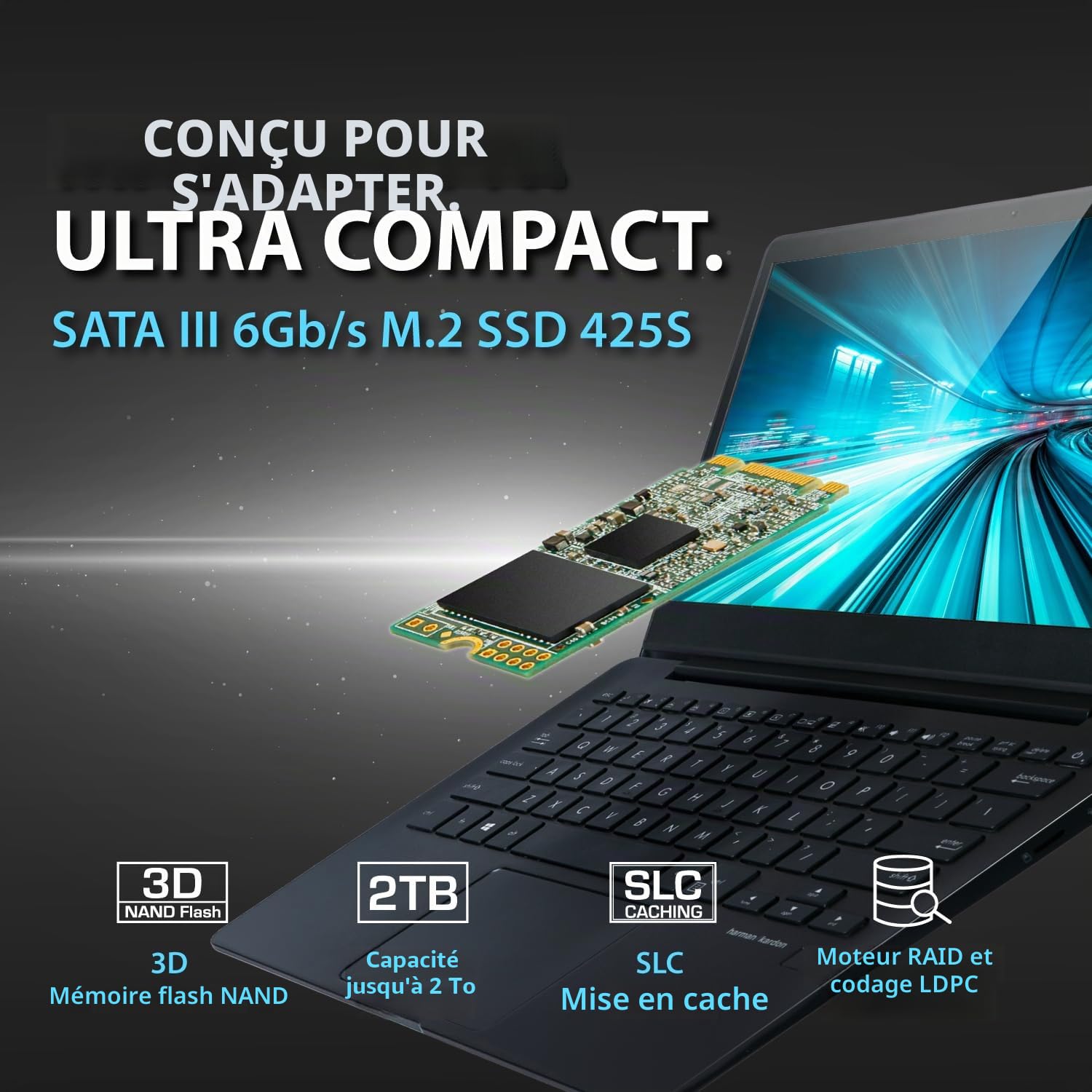 Transcend 1To MTS425S SSD M.2 SATA III 2242, Cache SLC, clé B+M