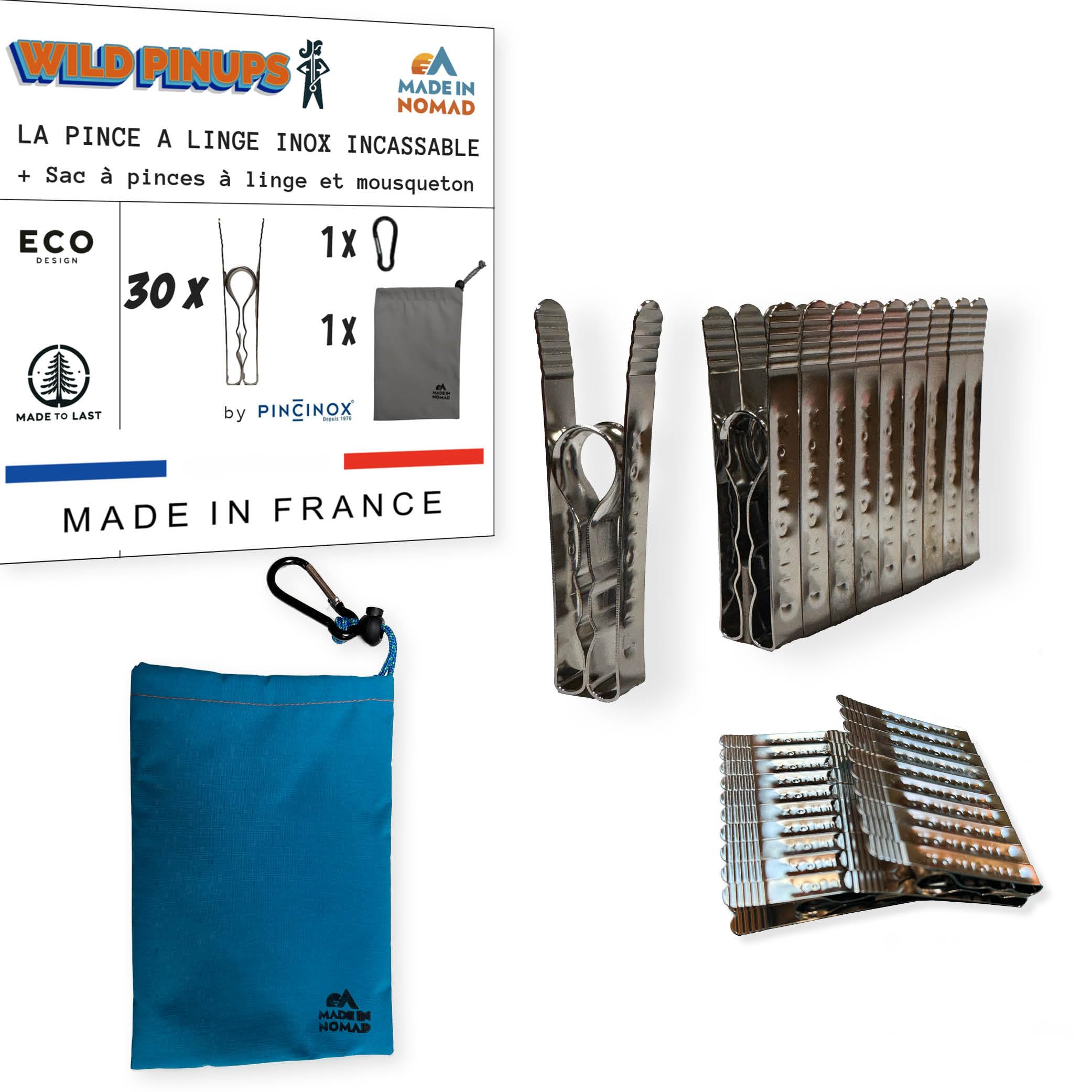 Wild Pinups: Pincinox 30 Unbreakable Stainless Steel Clothes Pegs with Basket and Carabiner for Laundry Rooms, Laundry Lines, Clothes Dryers, Solid Clothes Pins, Durable for Life, Made in France