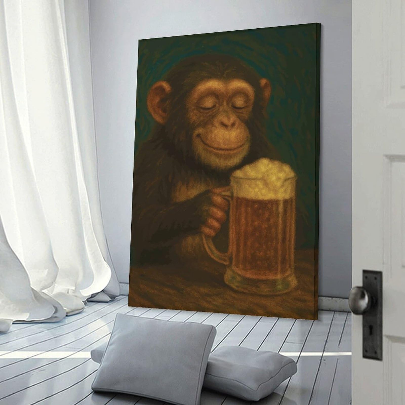 Junmoney Chimpanzee Enjoying A Beer Beer Drinking Monkey Decorative Wall Artwork, 08x12inch(20x30cm), for Corridors, Hallways Or Apartment Entries, Home Artwork for First Impressions
