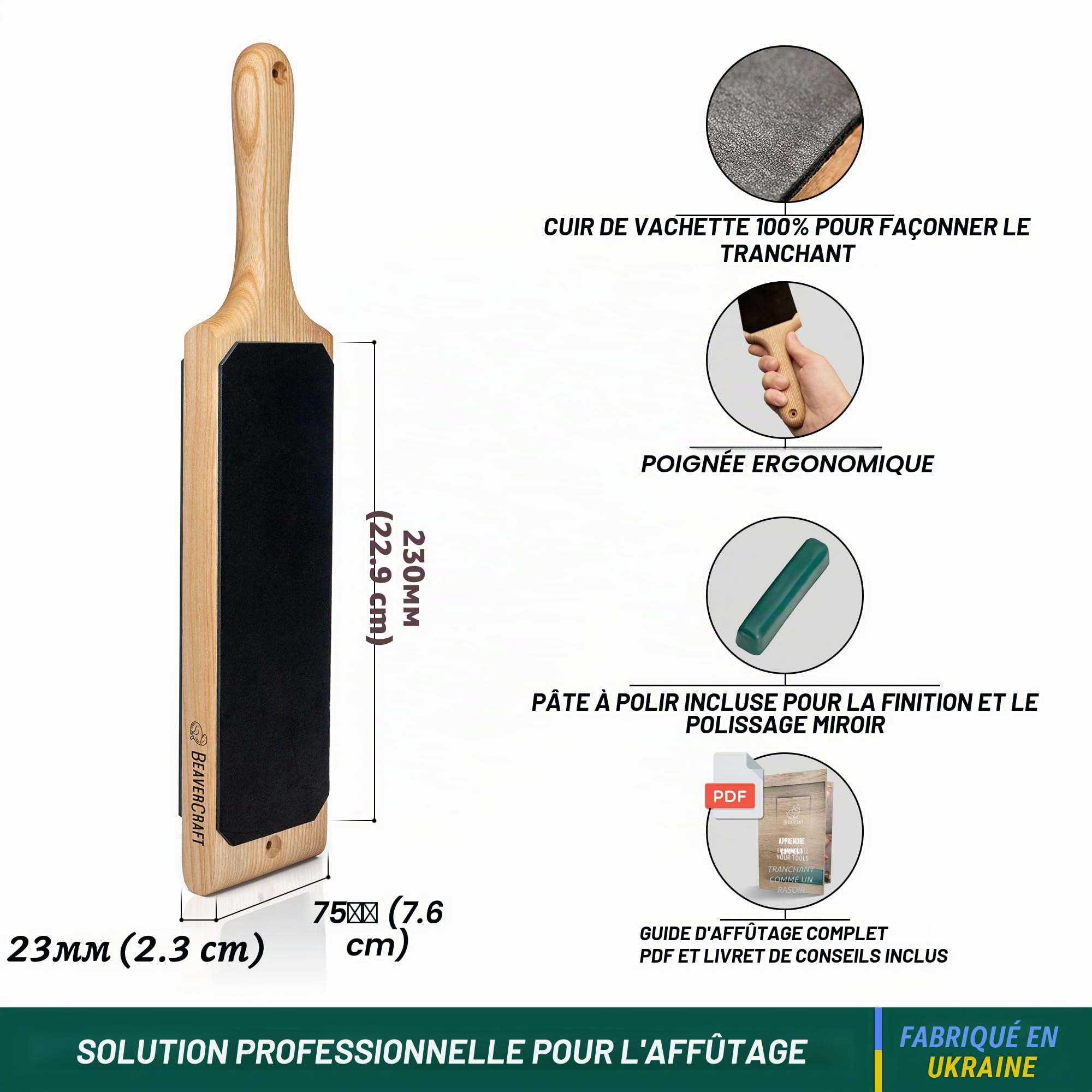 BeaverCraft Kit d'affûtage de couteaux en cuir pour aiguiser les couteaux avec composé d'affûtage LS1P1 Aiguiseur de couteaux en cuir Kit d'affûtage de palette et composé de polissage Bloc d'affûtage
