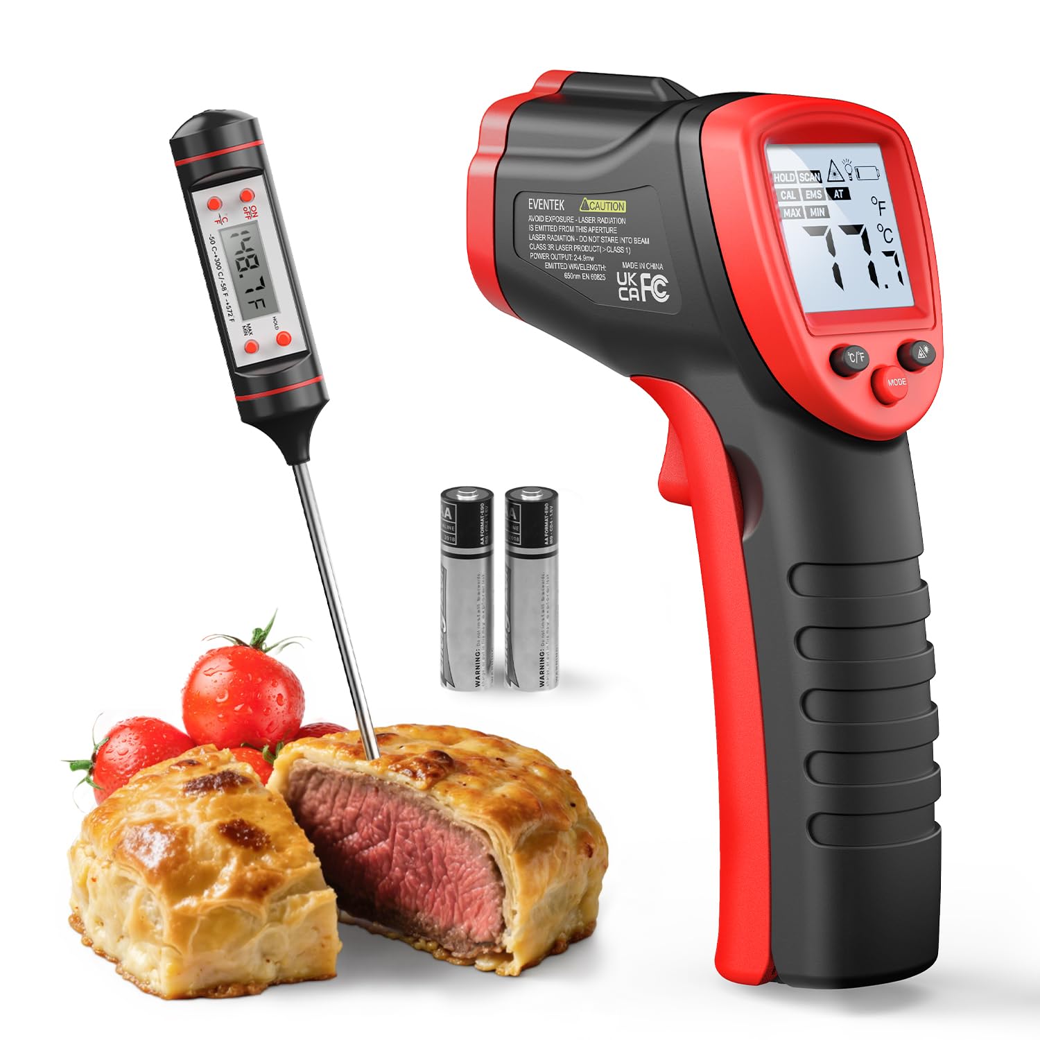 Eventek Termometro Cucina, -50 °C~600 °C (-58 °F~1112 °F) Termometro Infrarossi sonda per 304 Carne, Termometro Laser Senza Contatto Emissività Regolabile 0.1-1.0, Termometro per Cucina, Forno Pizza