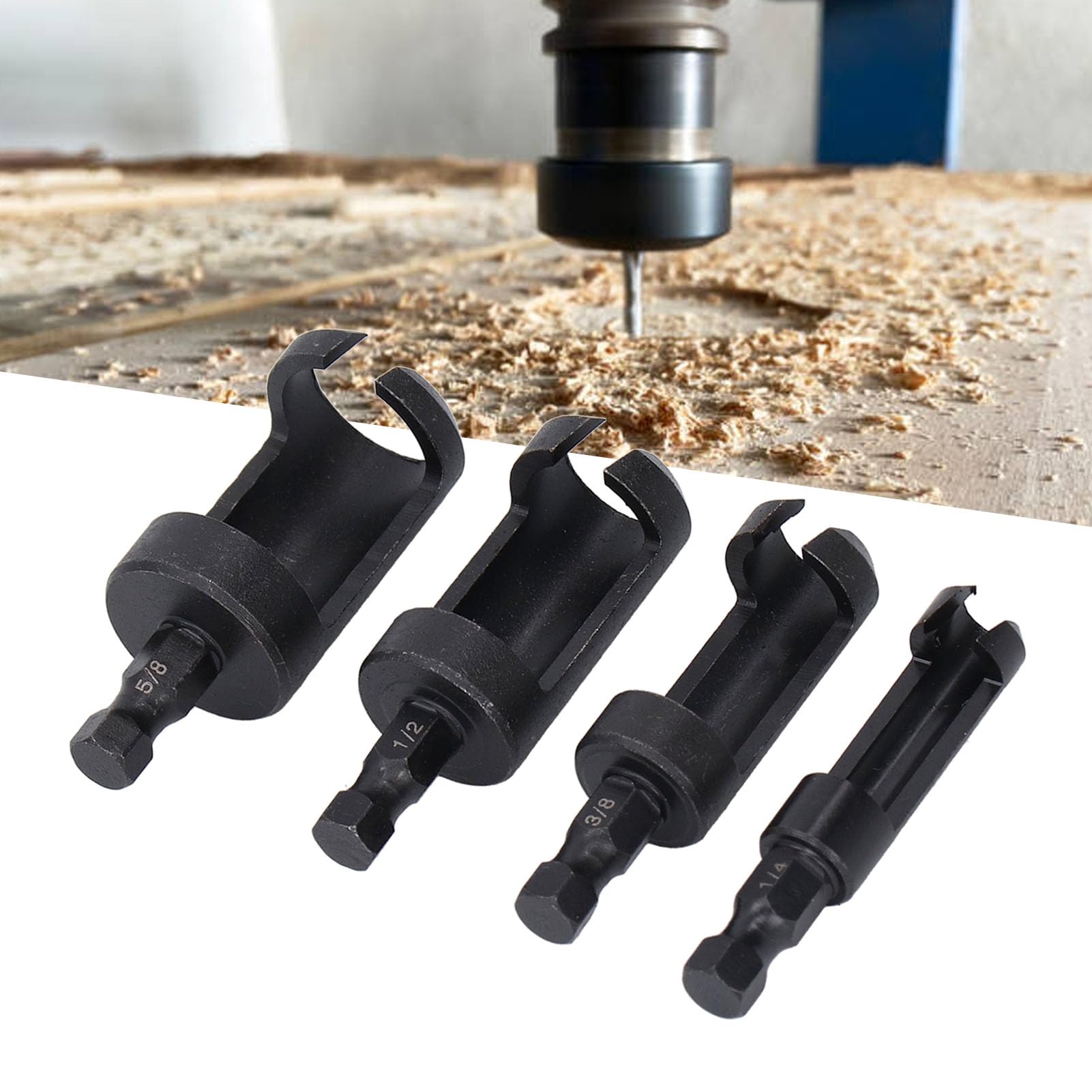 Respicefinem 4 Pcs Set Wood Plug Cutter 1/4in 3/8in 1/2in 5/8in Hex Shank Carbon Steel Plug Cutter Drill Bit Set Ideal for Woodworking Projects