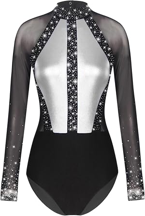 Women Ballet Gymnastics Dance Leotard | Shiny Rhinestones,Metallic Color Block,Mesh Patchwork,Figure Skating Leotard,One Piece Bodysuit,Athletic,Workout