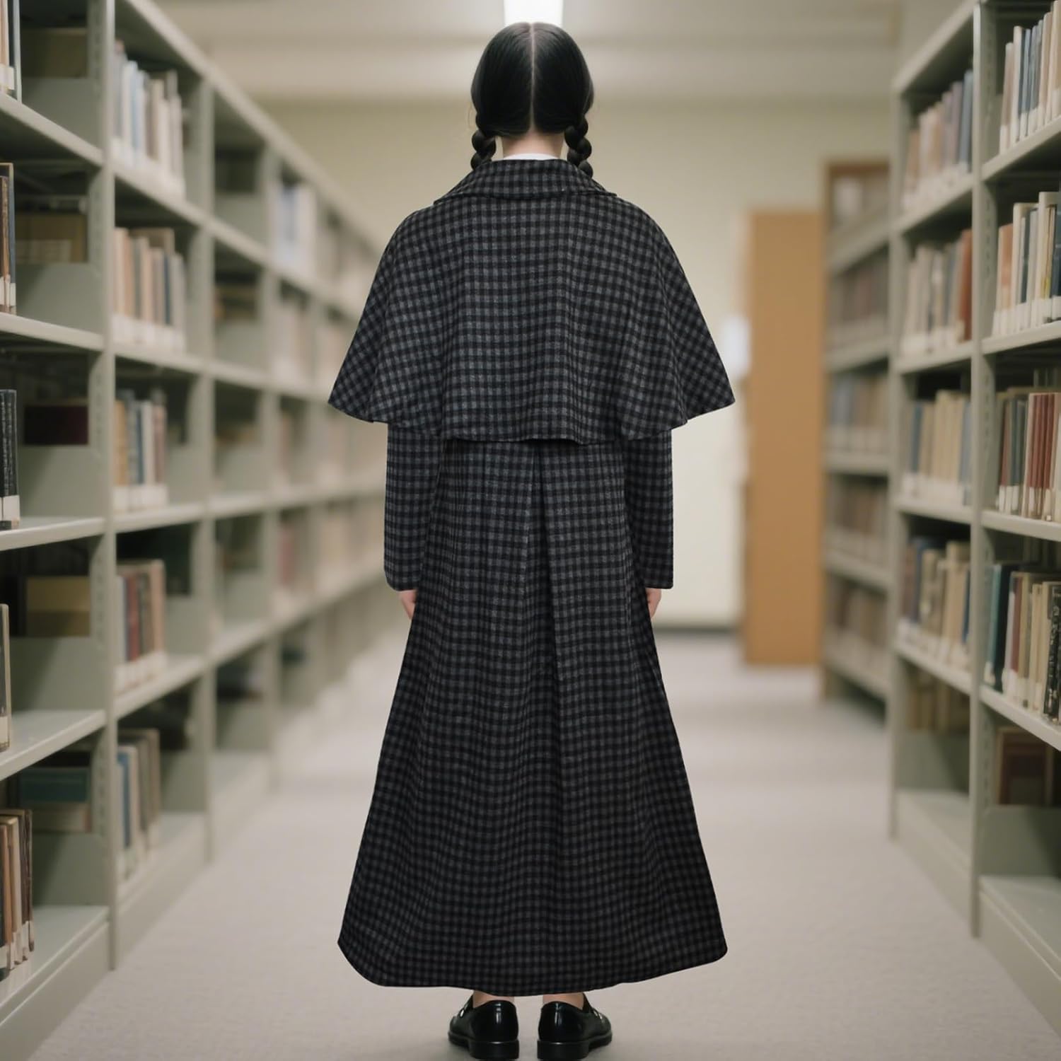 Horror Movie Black Family Costumes Plaid Coat, Women Black Costume Gothic Long Coat Cape Collar Outwear Halloween Cosplay - Image 7