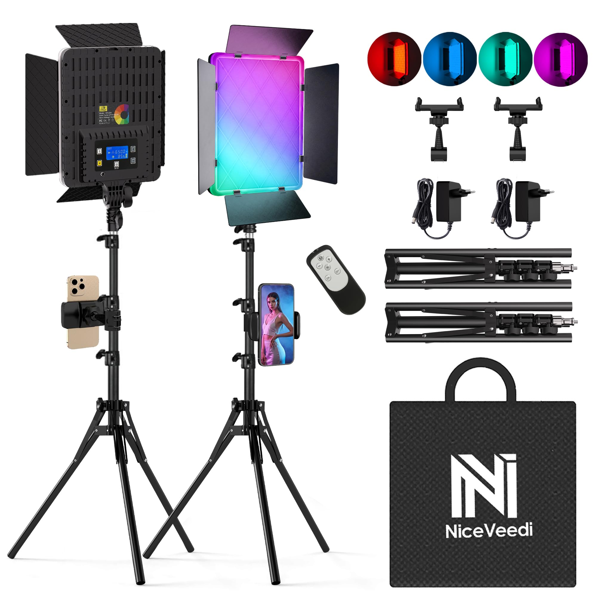 Niceveedi Luce Fotografica RGB da 15", 2x40W luci Video LED con Supporto, Pannello Luminoso da Studio Colorato 2700K-6500K con Modalità RGB/CCT/HSI/Scene per Youtube/TikTok/Streaming Live/Giochi