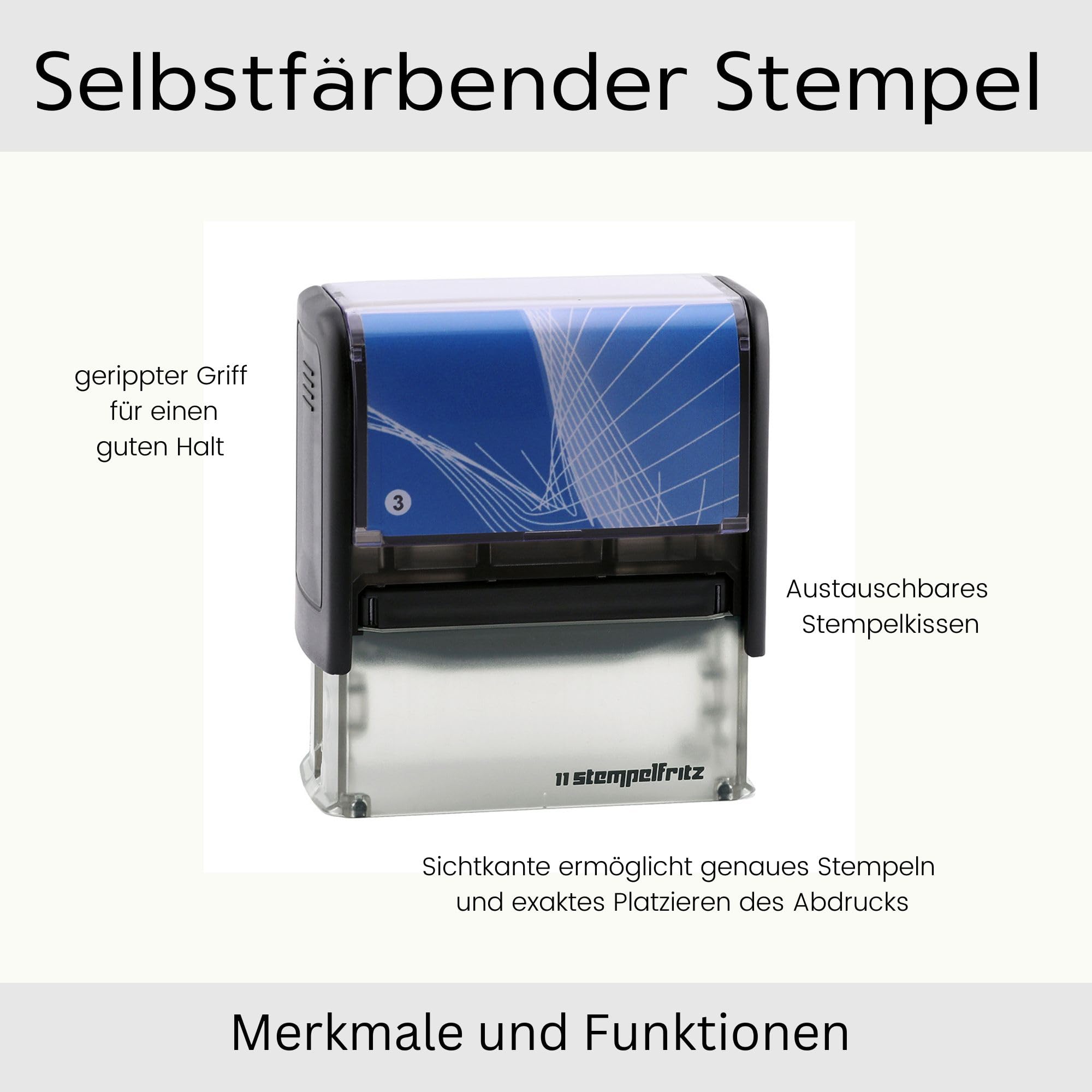 Personalisierter Stempel stempelfritz Gr.3 direkt hier Erstellen – selbstfärbender Firmenstempel, Adressstempel, Namensstempel oder Lehrerstempel – Gehäuse Schwarz-Blau, 58x22mm, max. 6 Zeilen