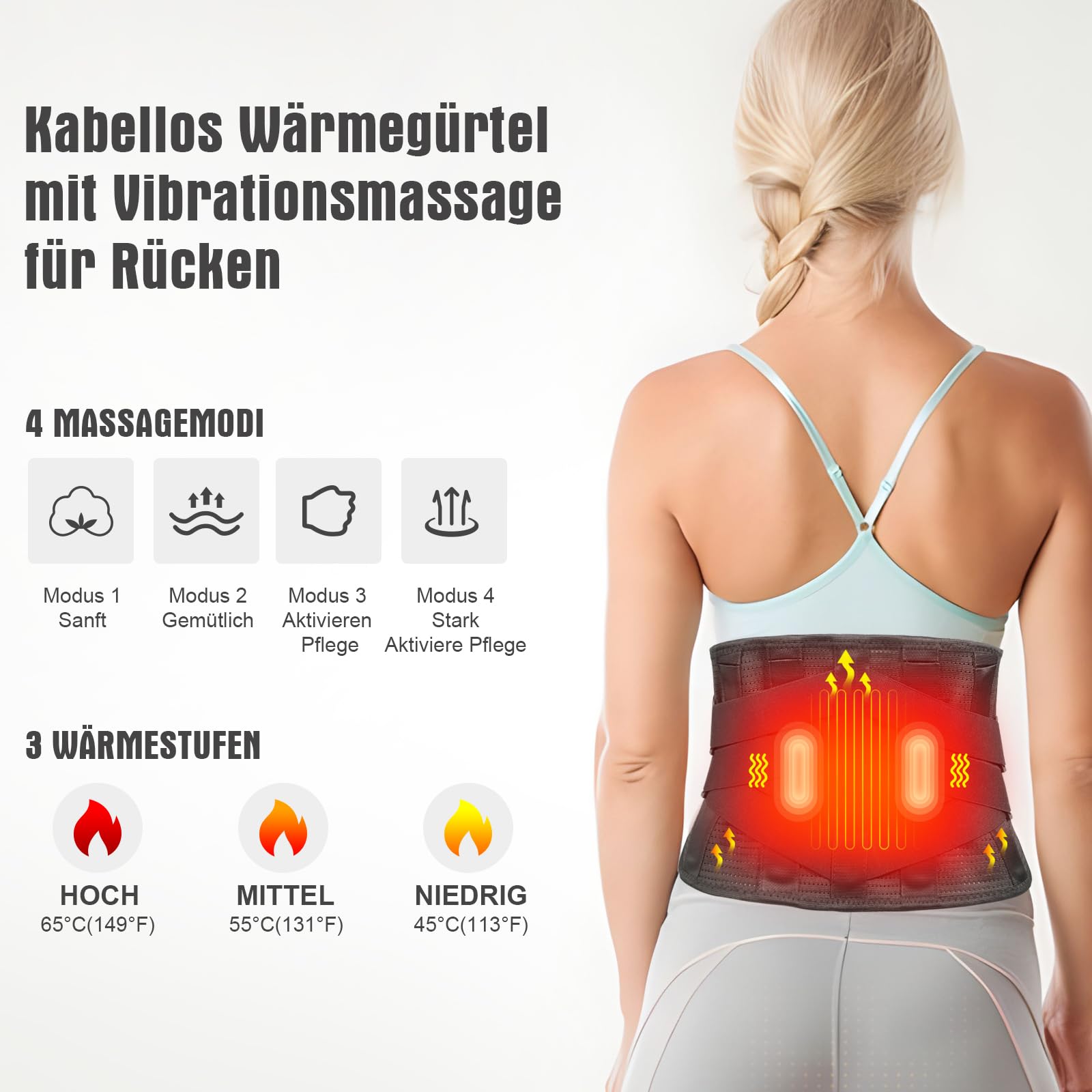 Massant pour lombaire avec chauffage, ceinture orthopédique chauffante pour soulager douleurs dos. 3 modes vibratoires, 6 niveaux chauffage, batterie rechargeable 5000 mAh, sans fil