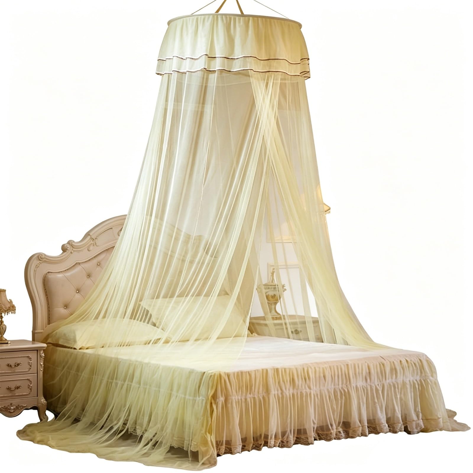 SARKEY Prinzessinnen Betthimmel,Feines Durchsichtiges Netz,Kuppelbetthimmel,Luxuriöse Spitze,Atmungsaktives Mesh Zelt Bett Vorhang,Erwachsene,Hochzeit,Dekoration(Pale Yellow)