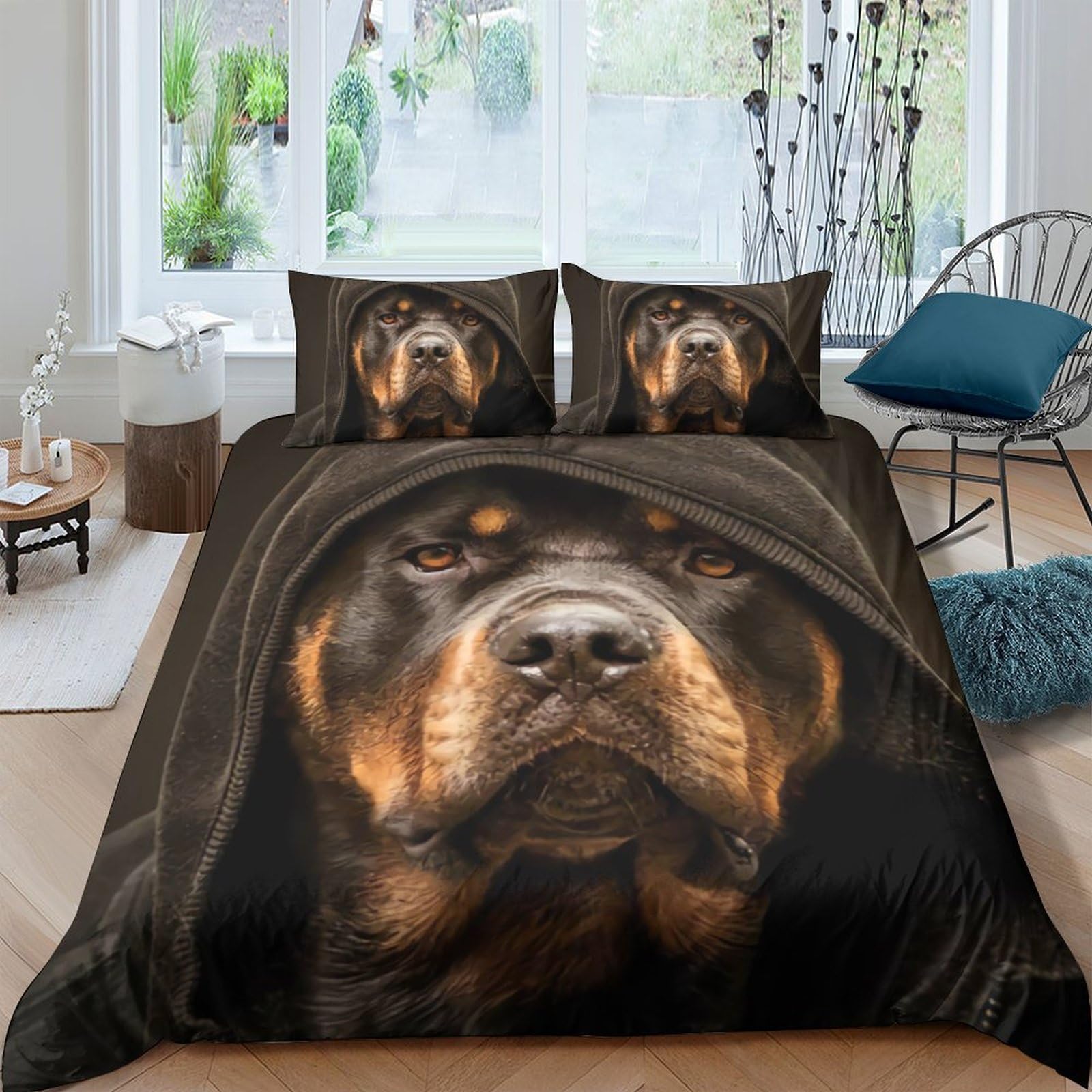 Ctjqhvkz Style-4 3D Printed Rottweiler Dog Fitted Sheet Microfiber Soft Black Animal Pattern Mattress Cover Bedroom Decor Single（135X200cm）