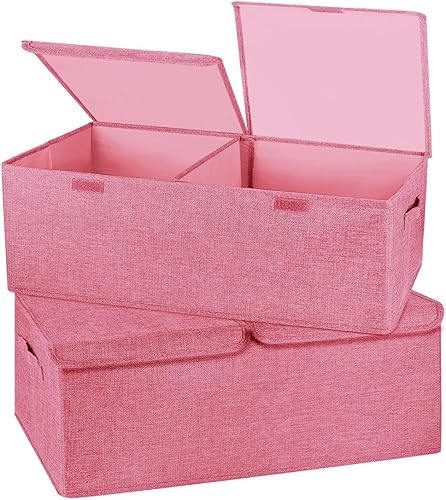 Miniatura 9 de Valease Paquete de 2 cajas de almacenamiento con tapas y asas, contenedores plegables de lino organizadores con divisor extraíble para el hogar,