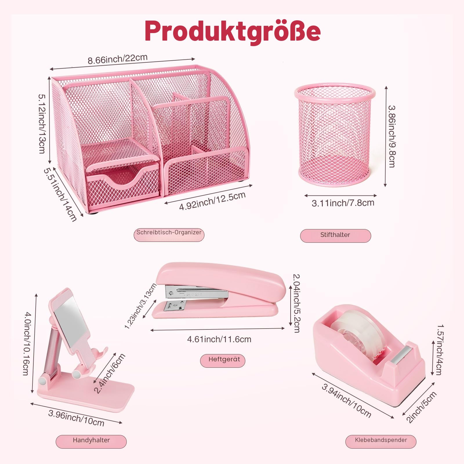 Pink Desk Organizer and Accessories, Pink Gifts Office Supplies Mesh Desk Organizer, Tape Dispenser, Hefter, Tape, Phone Holder, 1000 Staples, Staple Remover, Pen Holder, Clips Set, Ruler, Scissors