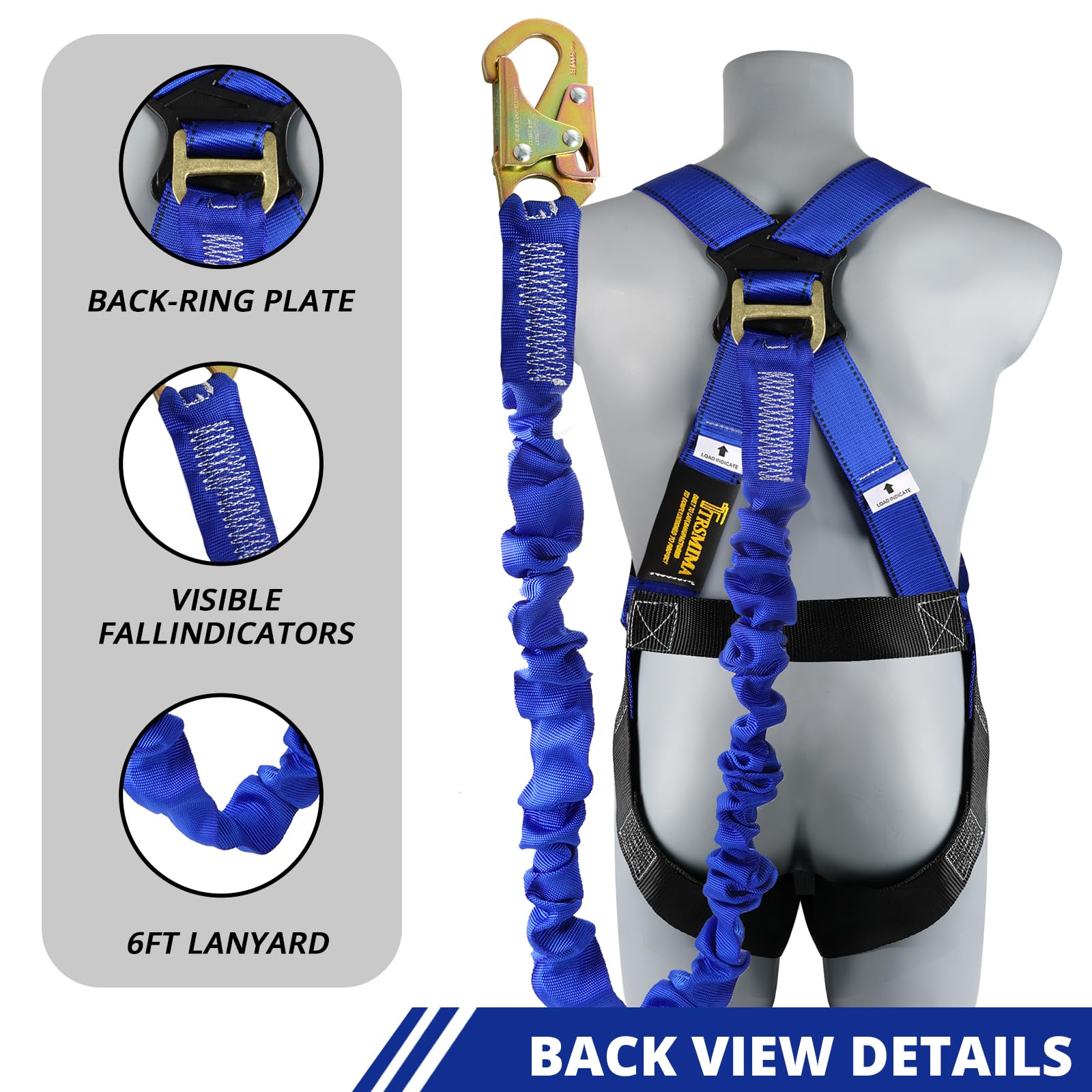 TRSMIMA Safety Harness Fall Protection - Full Body Construction Roofing Harness Kit Attached 6 ft Lanyard ANSI — Amazon image 3