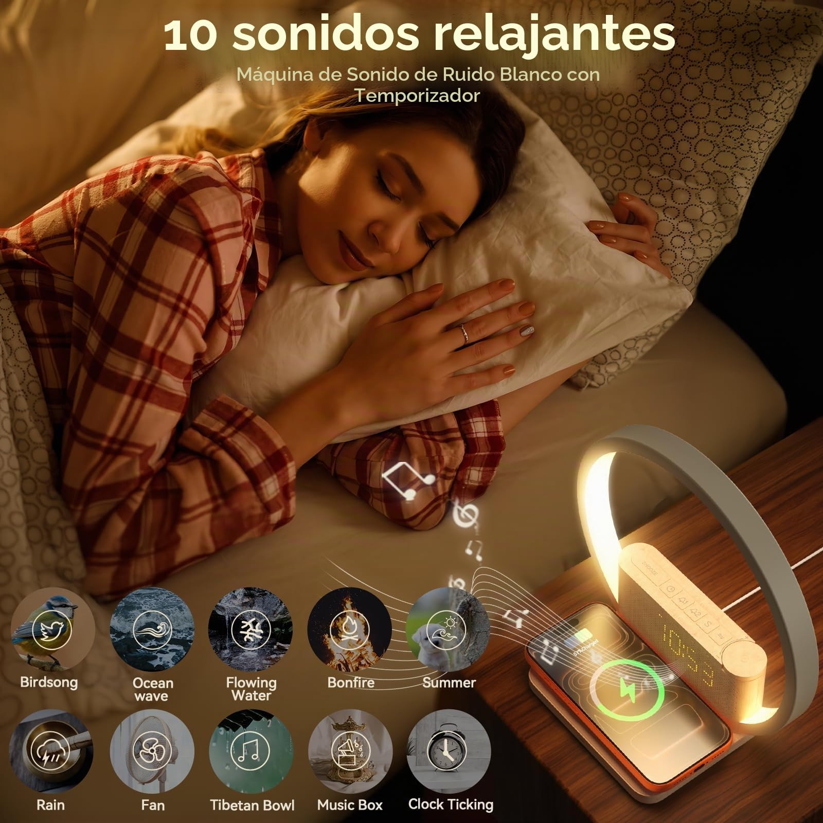 Vivilumens Sunrise - Despertador con cargador inalámbrico, máquina de sonido de ruido blanco con 10 sonidos, despertador con temporizador de 30/60/90 minutos, luz nocturna táctil de 3 niveles, relojes