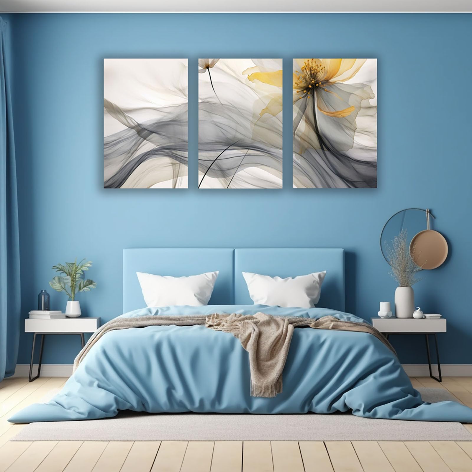 AMXBZC 3-teiliges Set Männer Gemälde Schlafzimmer Bilder Wunderschönes Blumen-Wandbild Modern Büro Leinwand Wandkunst - Poster Drucke für Wohnzimmer(Gelb)-40x60cmx3 Gerahmt