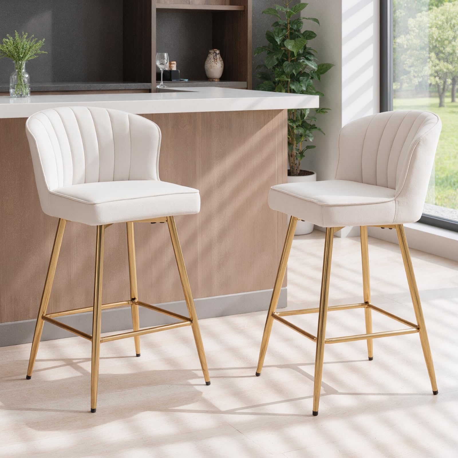 Ya-Home Set di 2 Sgabelli da Bar in Velluto con Gambe in Metallo Dorato, Beige