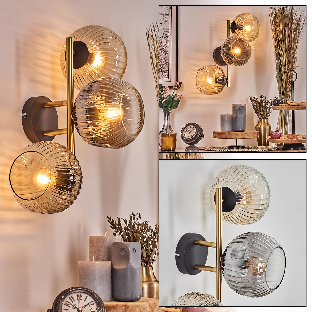 HOFSTEIN Wandleuchte Ripoll, Wandlampe aus Metall/Riffelglas in Schwarz/Gold/Rauch/Bernstein/Klar, Leuchte im Vintage-Design (Schirme Ø 15 cm), E14, Wohnzimmer, Schlafzimmer, Küche, Flur, Treppenhaus