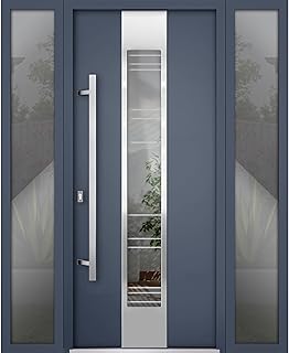 VDOMDOORS Front Exterior Prehung Steel Door/Deux 5755 Gray Graphite / 2 Side Exterior Windows/Stainless Inserts Single Modern Painted-W12+36+12" x H80-Right-hand Inswing