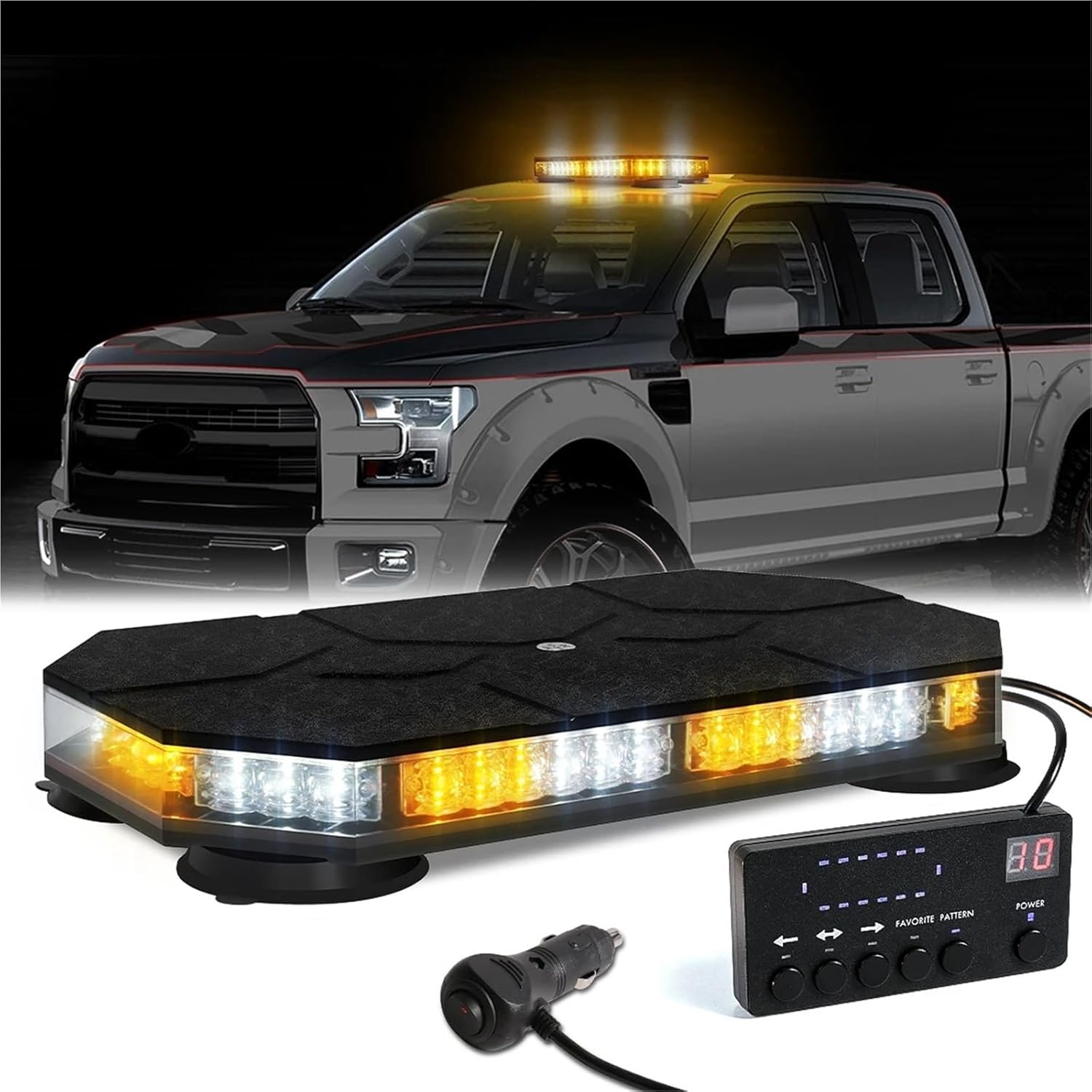 12V 24V Car Roof Top LED Strobe Lights Emergency Warning 42 LED Safety Police Light Truck Ambulance Snow Plow 38 Flashing Modes(Yellow White)