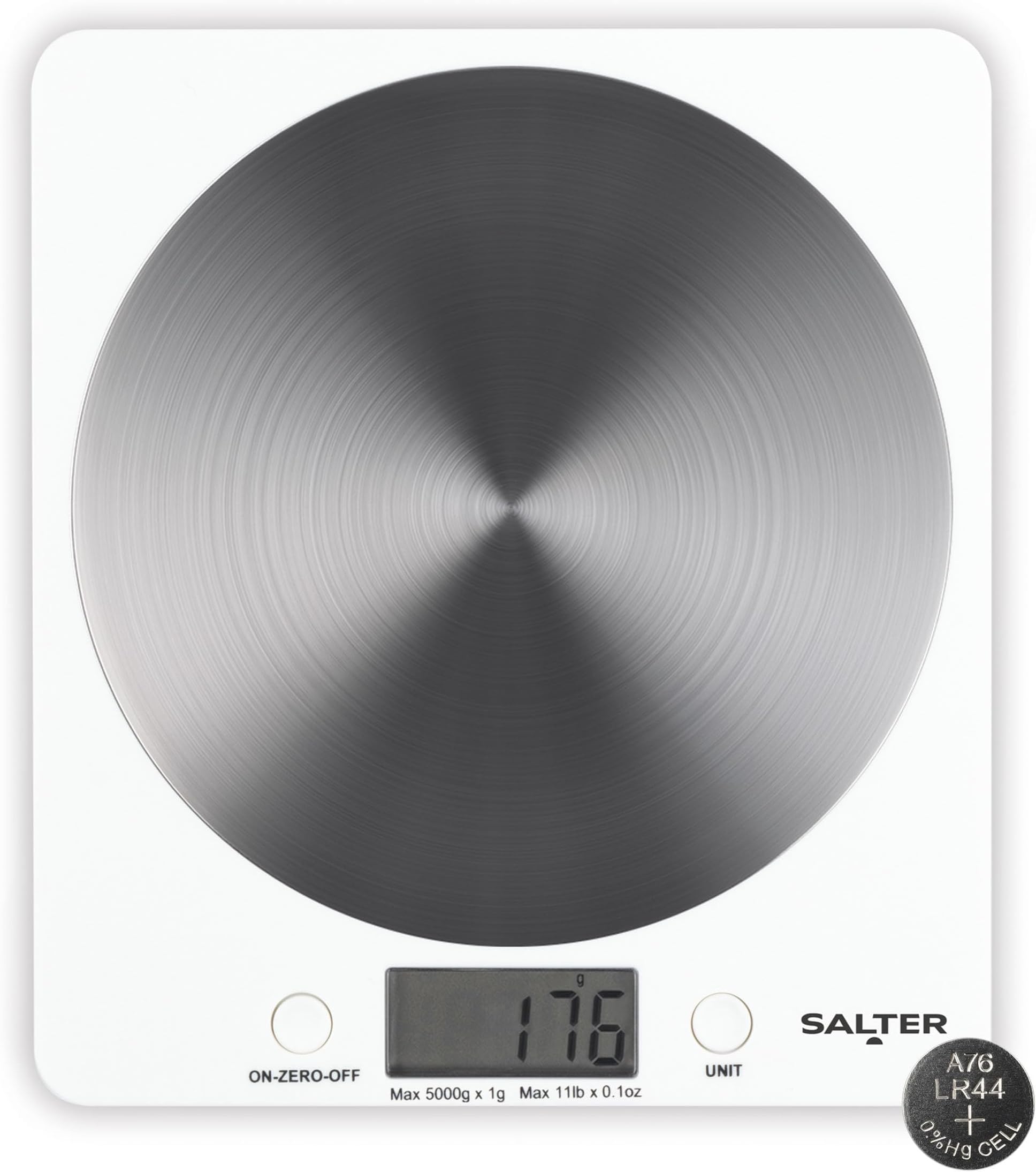 White Disc Digital Kitchen Scale – Electronic Food Scale, Add & Weigh Multiple Ingredients, 5kg Capacity, Aquatronic For Measuring Liquids, Easy Read LCD Display, Includes Battery