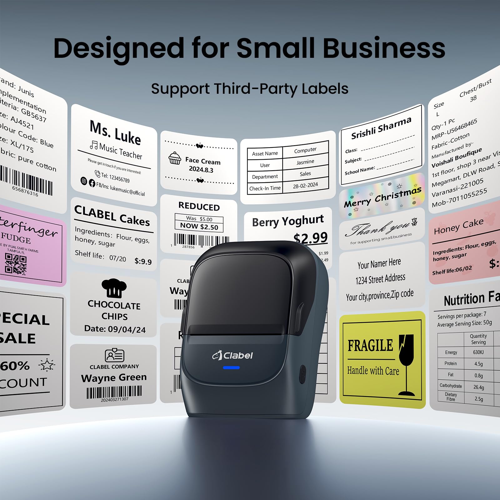 CLABEL Mini Stampante Etichette Portatile 221B Bluetooth Termica Etichettatrice Adesive Codice a Barre iOS Android Label Printer