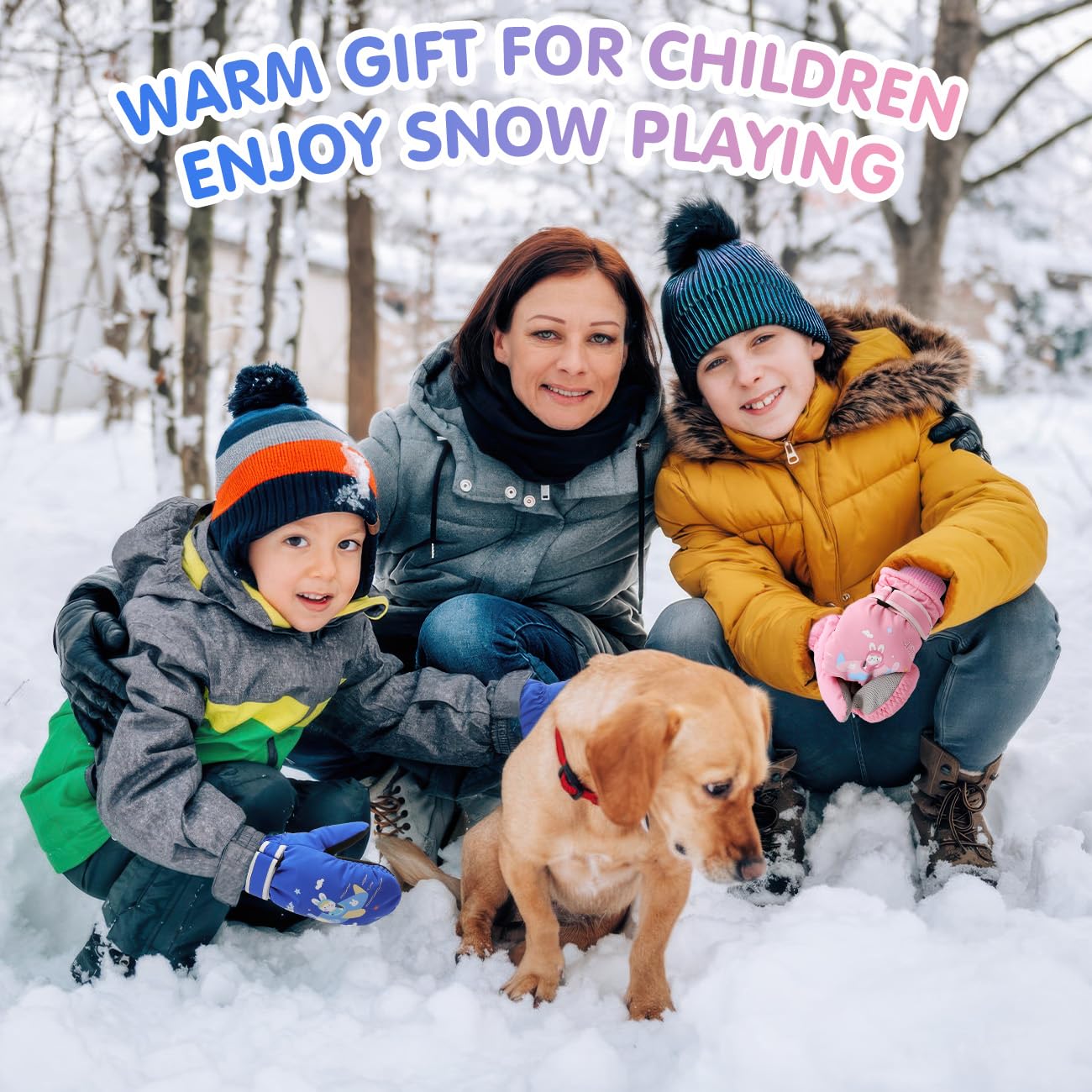 Rhino Valley Guantes de Esquí para Niños, Manoplas de Nieve Impermeables para Niños, Guantes de Invierno Cálidas con Cinta Ajustable, Guantes de Nieve para Niñas al Aire Libre y Snowboard