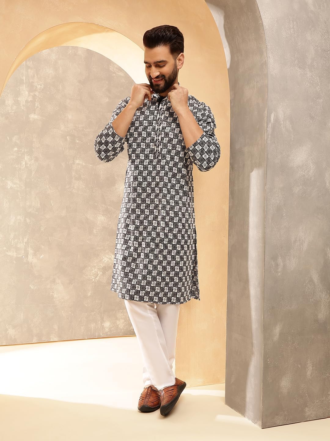 Sojanya (Since 1958 Men'S Cotton Rayon Embroidered Sequinned Kurta With White Pyjama