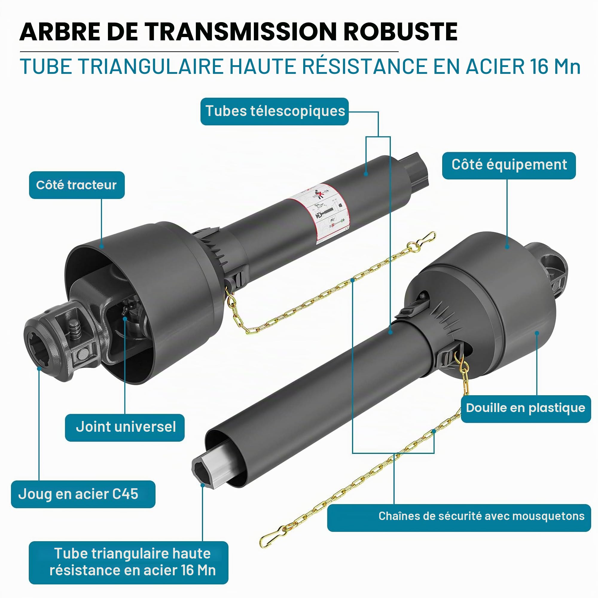 WilTec Arbre de Transmission T5 Cardan 700mm 620Nm 540 TR/Min 54kW (74CV) 2X 1 3/8" 6 Dents Prise Force