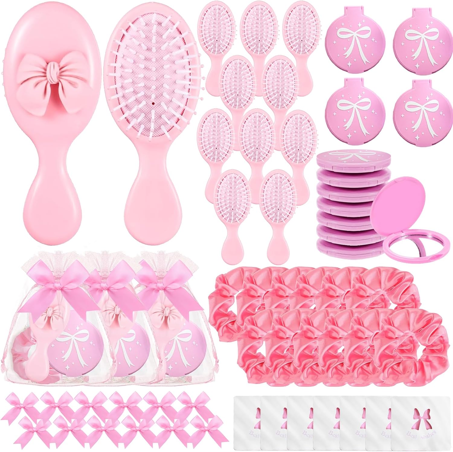 12 Sets Coquette Pink Bow Party Favors, Including Compact Mirror Bulk, Mini Hair Brush, Hair Scrunchies, Preppy Makeup Stuff Accessories Gift for Women Birthday Party Supplies Decorations