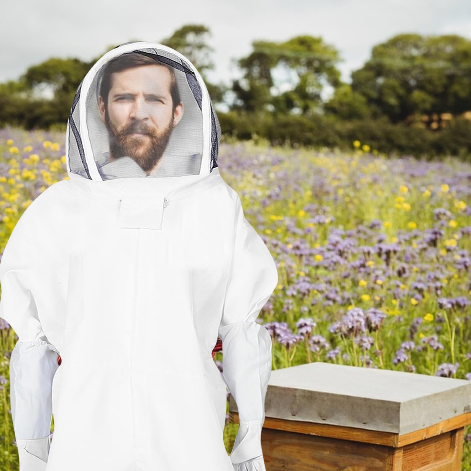 Traje de Apicultor XL de Algodón Grueso con Capucha y Velo Mono Completo con Guantes para Protección contra Aguijonazos Ropa Ventilada para Apicultura Profesional y Manejo