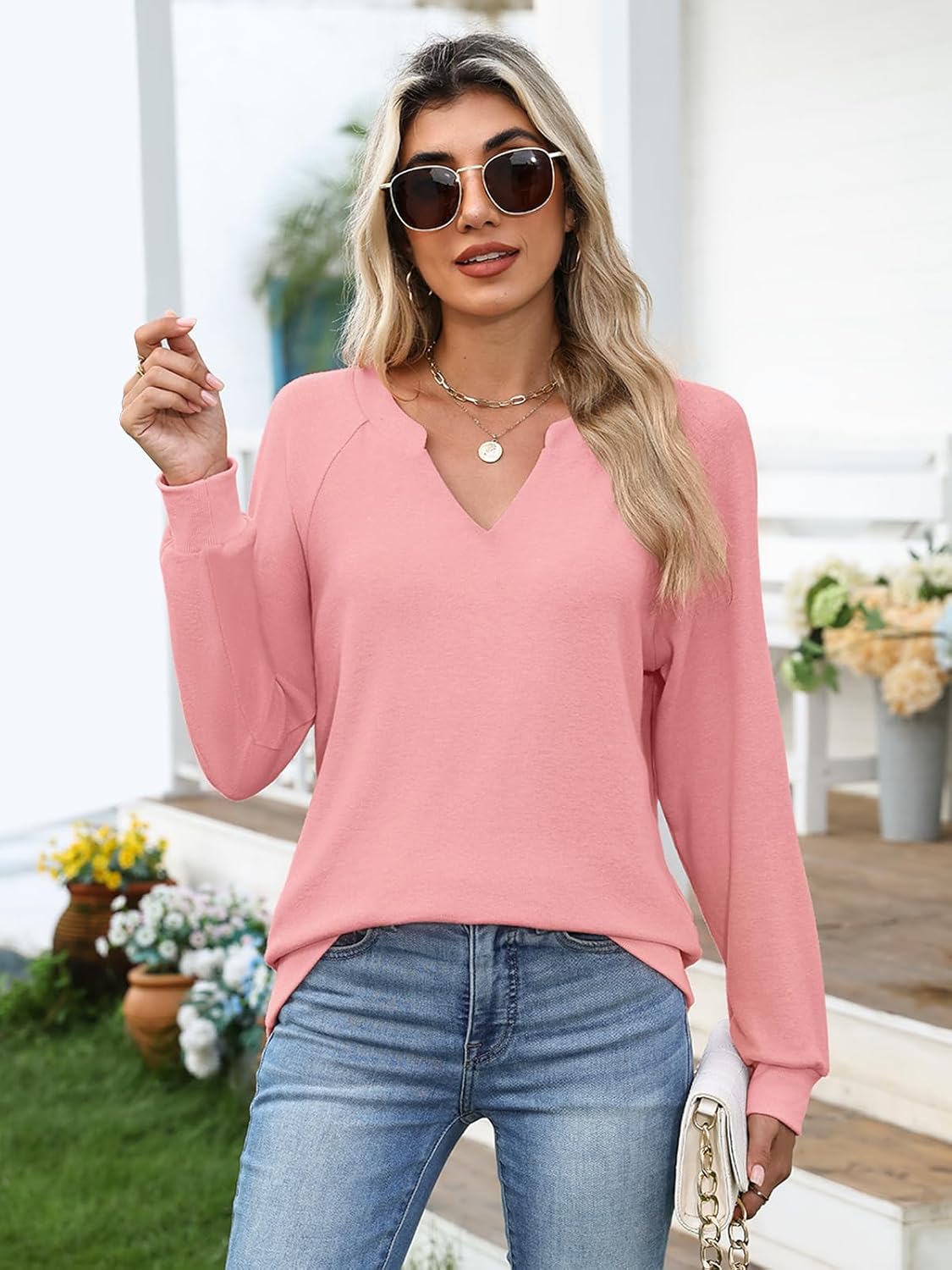 Womens Sweatshirts Long Sleeve V Neck Tops Fall Winter Basic Casual Lightweight Pullover Shirt - Image 5
