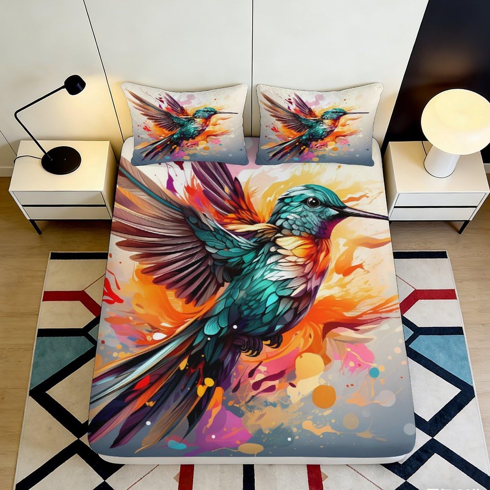 Pnayamiorkfel Style-2 3D Printed Hummingbird Art Fitted Sheet Microfiber Colourful Splash Bed Cover For Bedroom Guest Room Mattress Protection 90X200x25cm